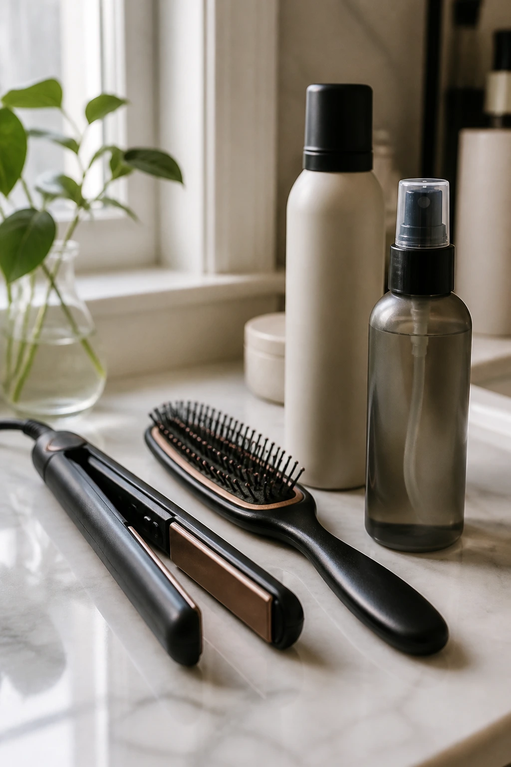 Close-up of micro bangs styling tools on a bathroom vanity
