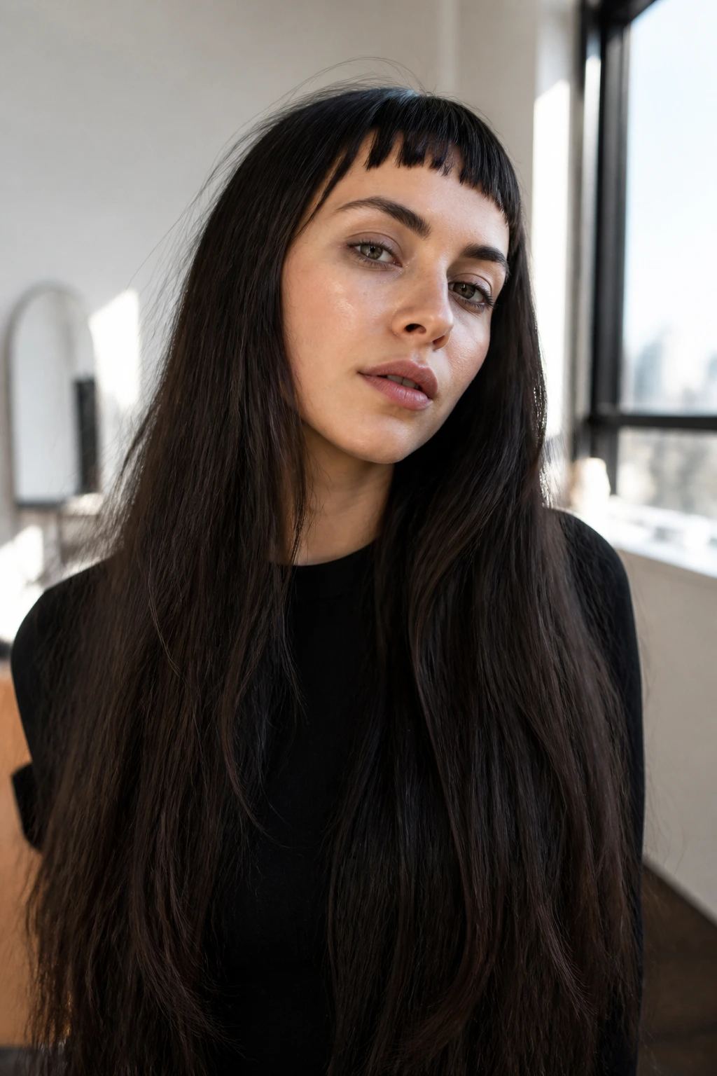 Close-up portrait of a person with micro baby bangs and ultra-long hair in bright window light