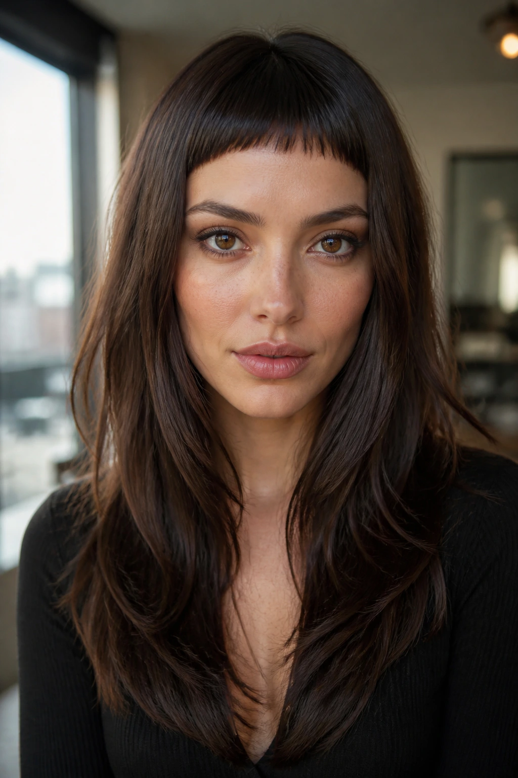 Portrait of a woman with micro-bangs and V-cut hairstyle in natural light