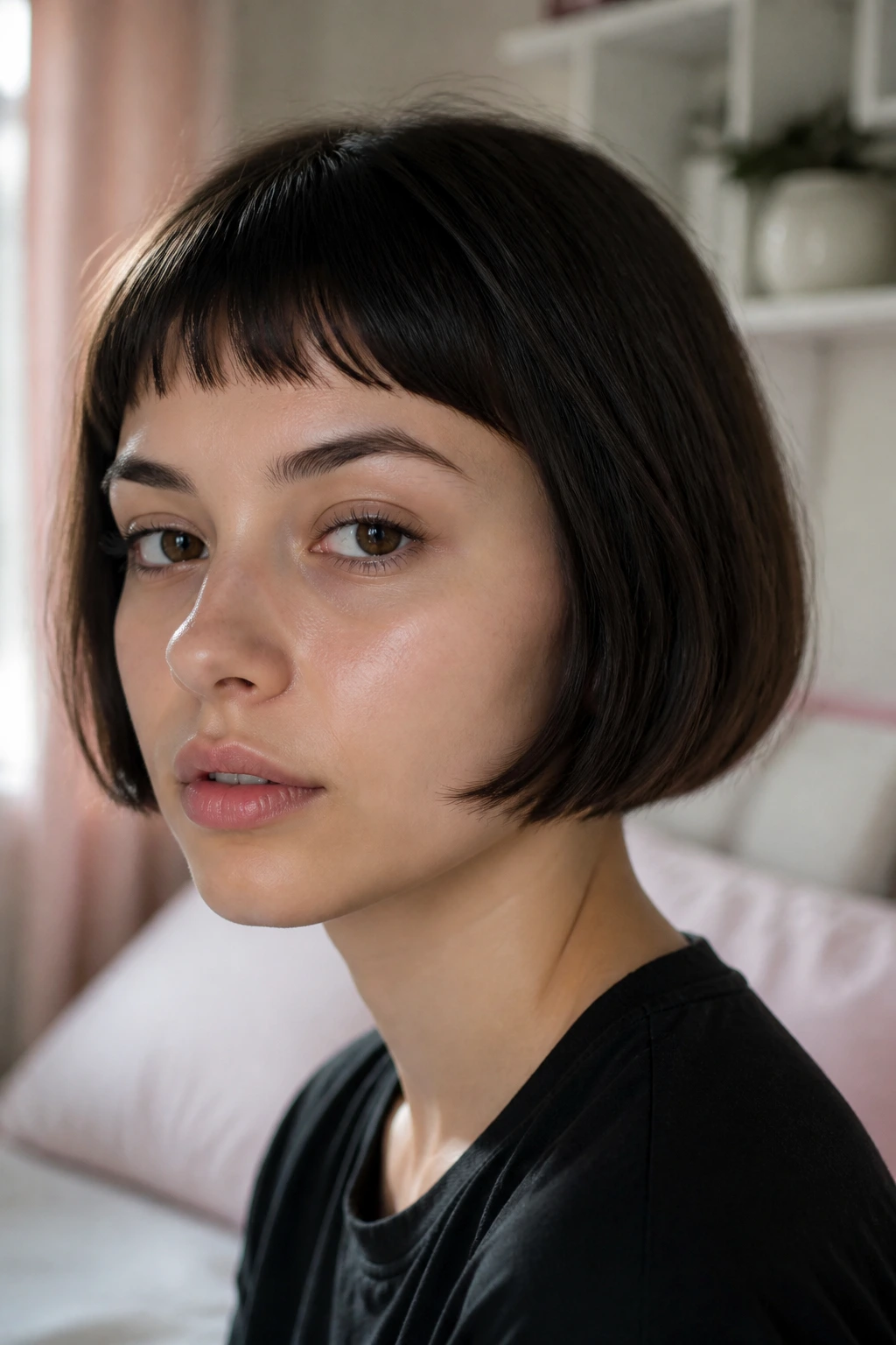 Close-up portrait of a real girl with micro-bob and baby bangs in natural light