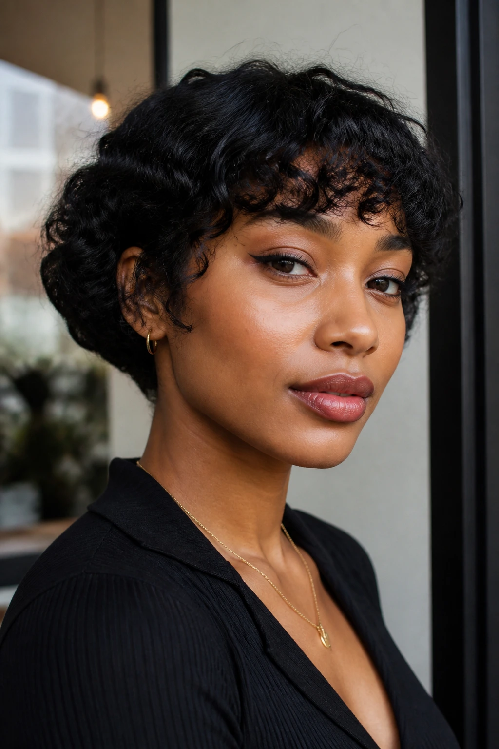 Close-up micro-bob with bangs on real person