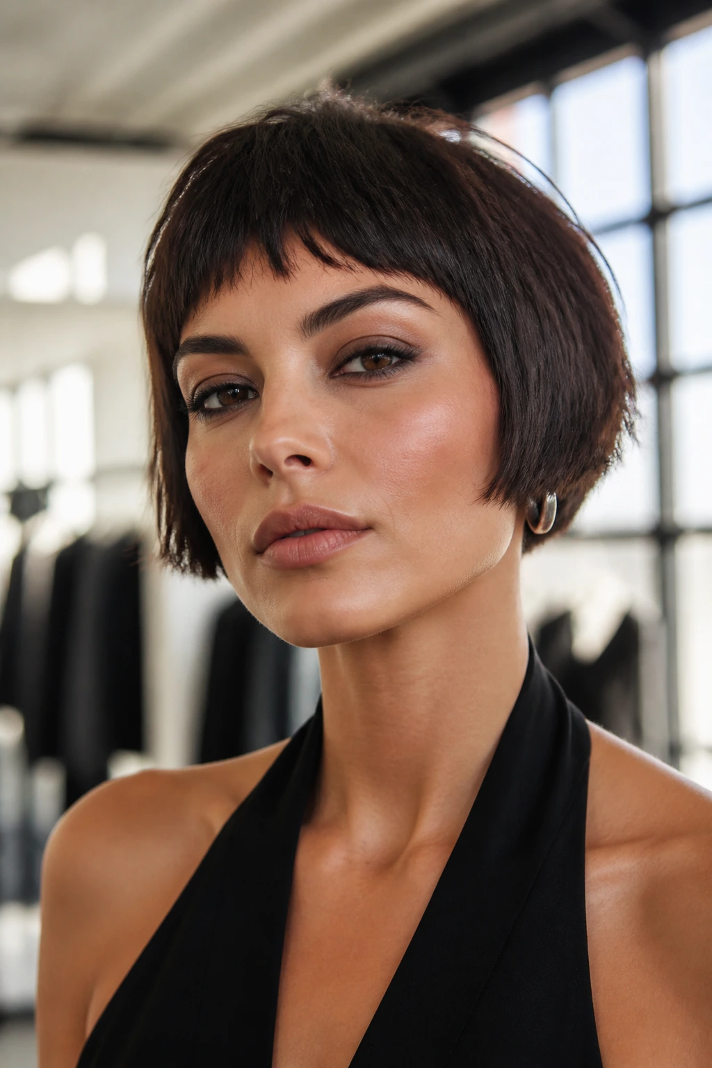 Close-up portrait of a real woman with micro-bob and short bangs