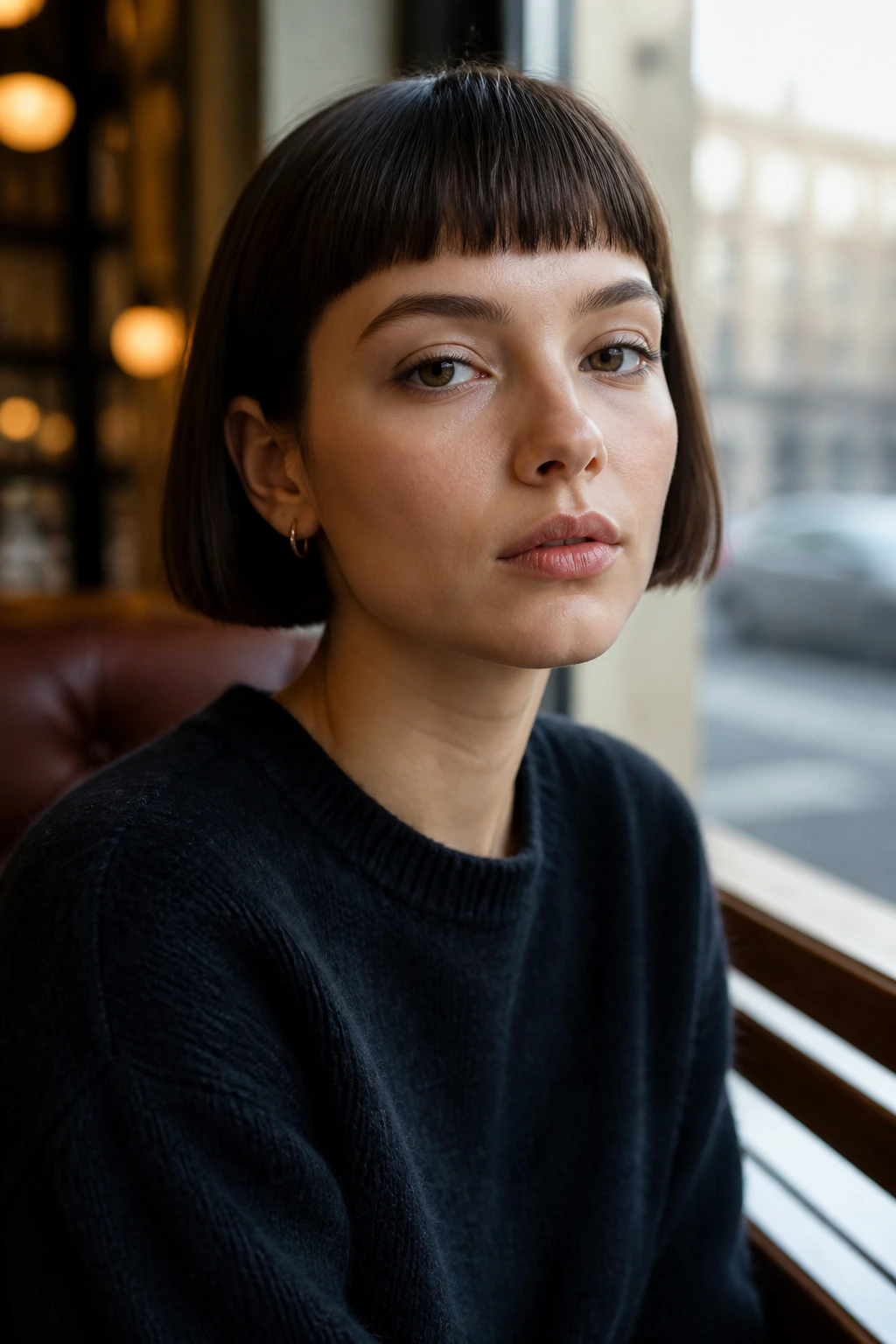 Portrait of a real person with a blunt-cut micro bob at jaw length
