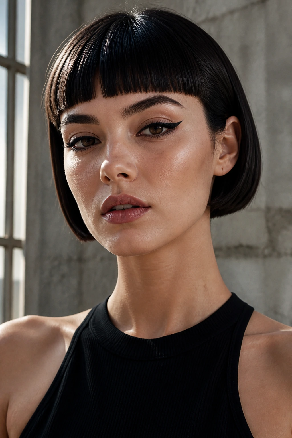 Real woman with micro-bob and blunt bangs, face exposed