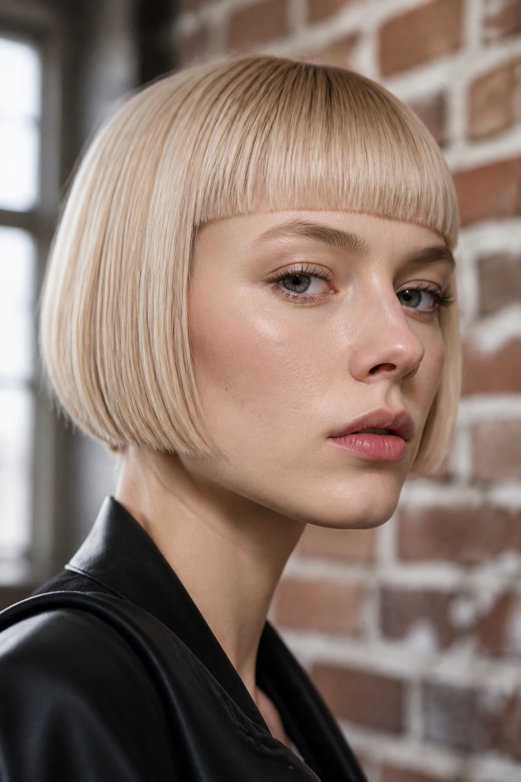 Close-up of a real woman with a mid-cheek micro-bob and blunt bangs in window light