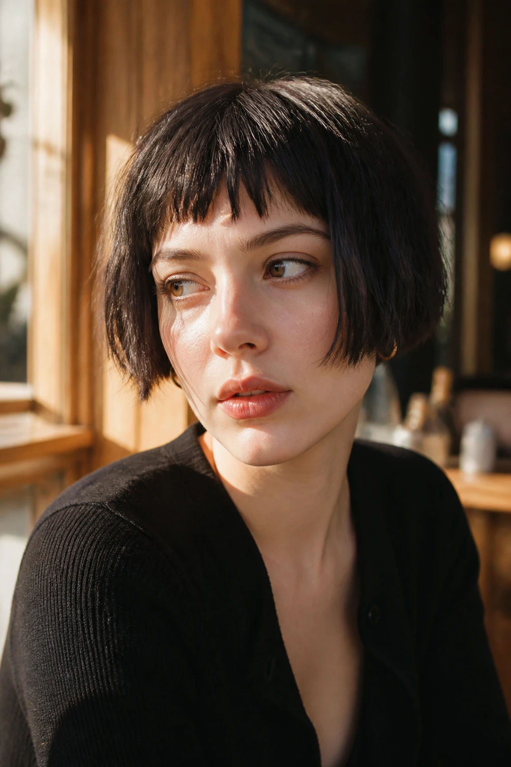 Real person with micro-bob and blunt ends in sunlit cafe setting