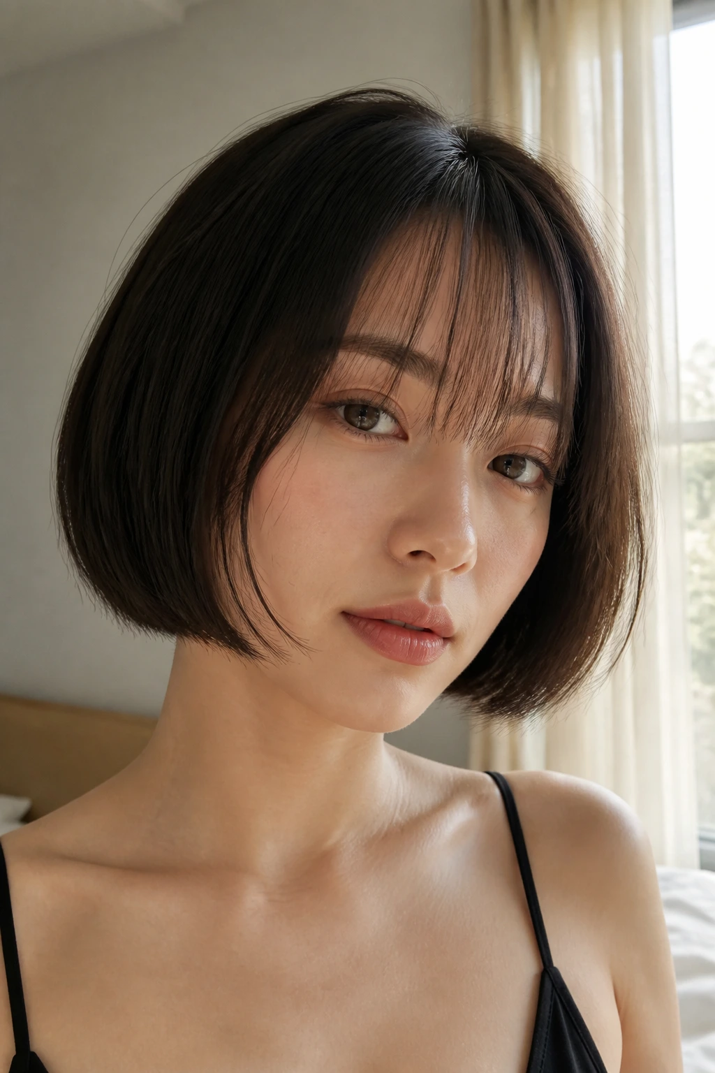 Close-up of a real woman with a micro-bob and wispy fringe in soft window light