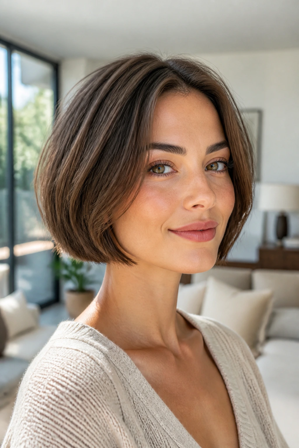 Real person with micro-bob showing jawline-length cut.