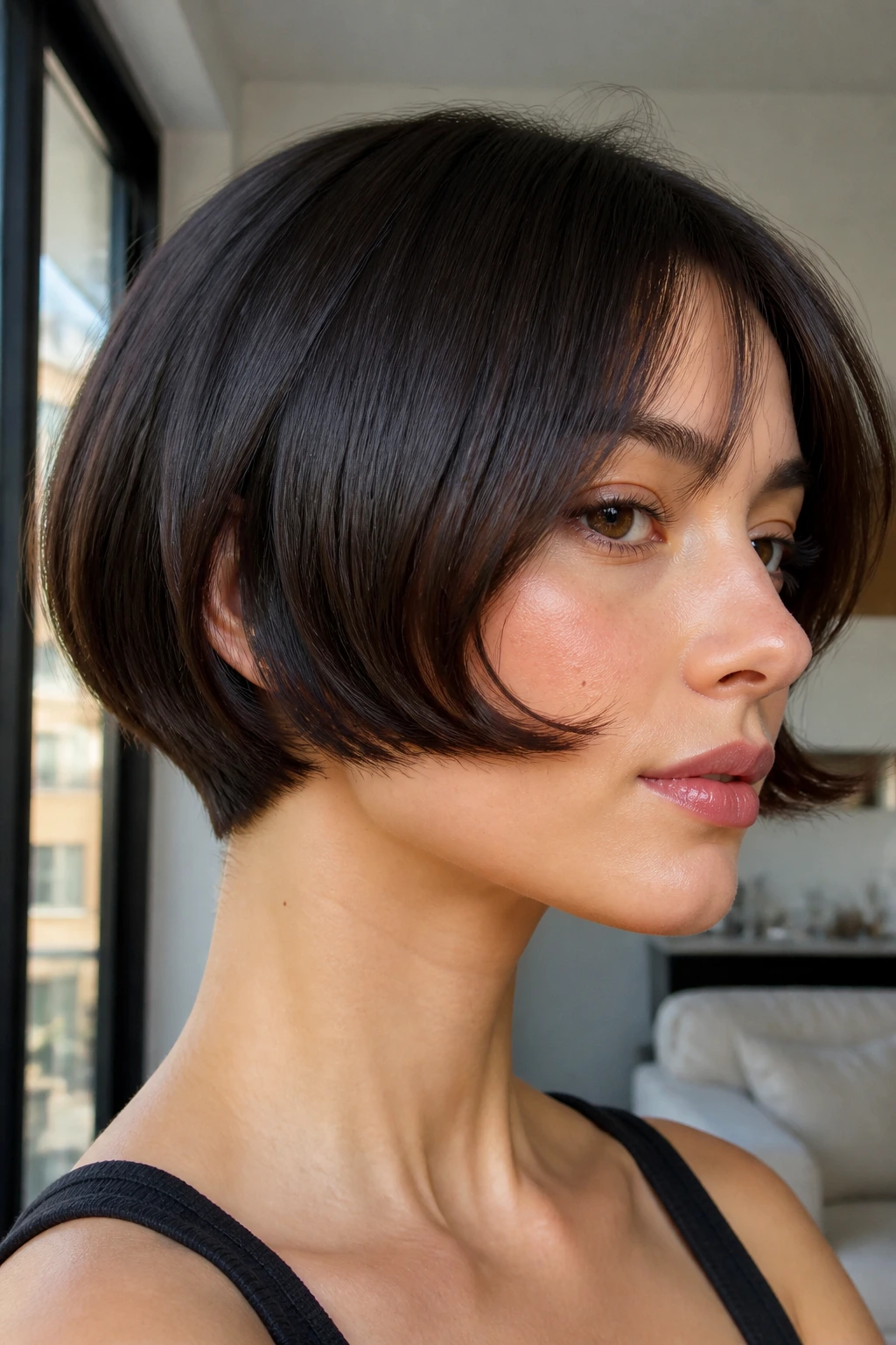 Close-up portrait of a real woman with a micro-bob and upward flip