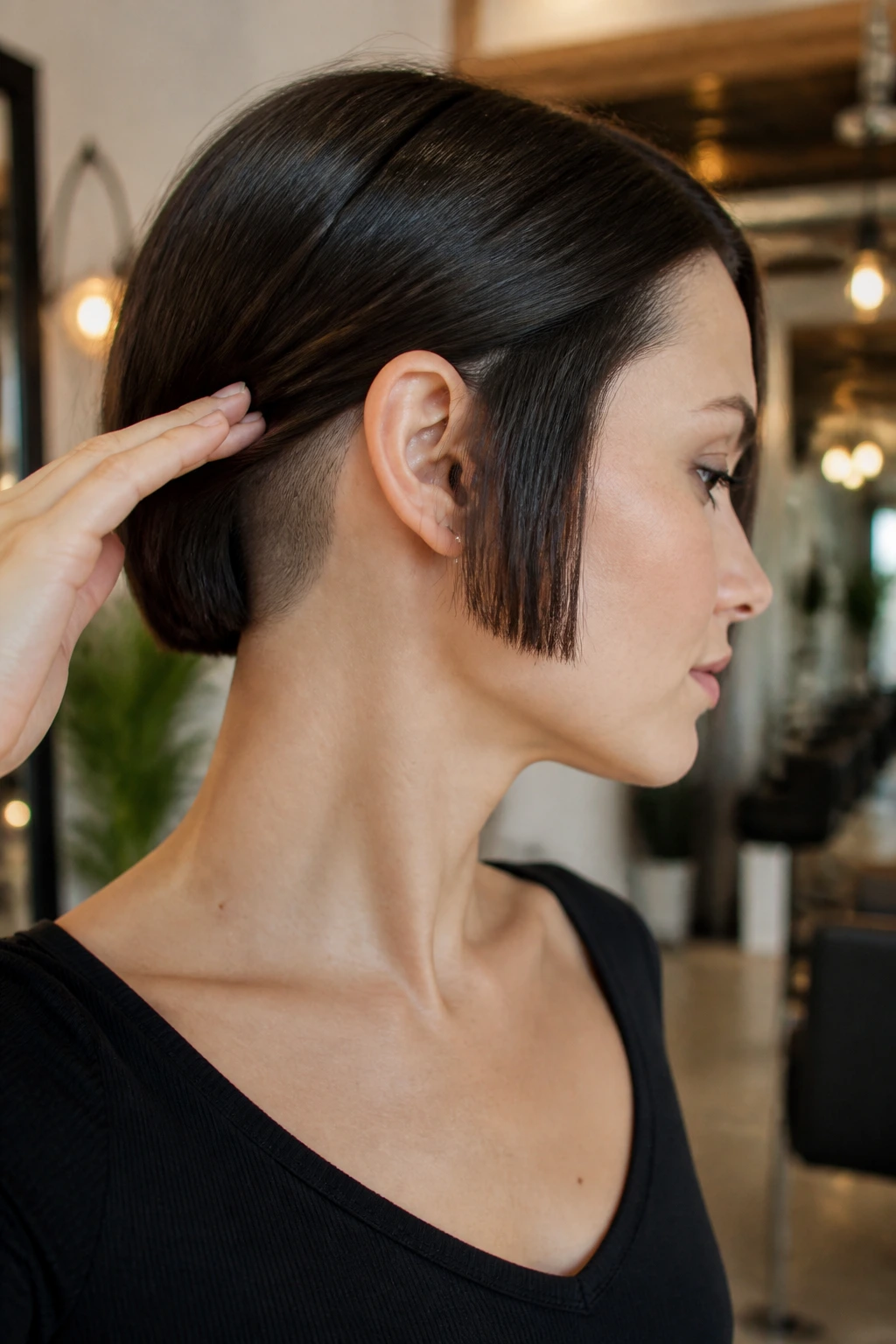 Three-quarter profile of a woman with blunt micro bob and hidden nape undercut.