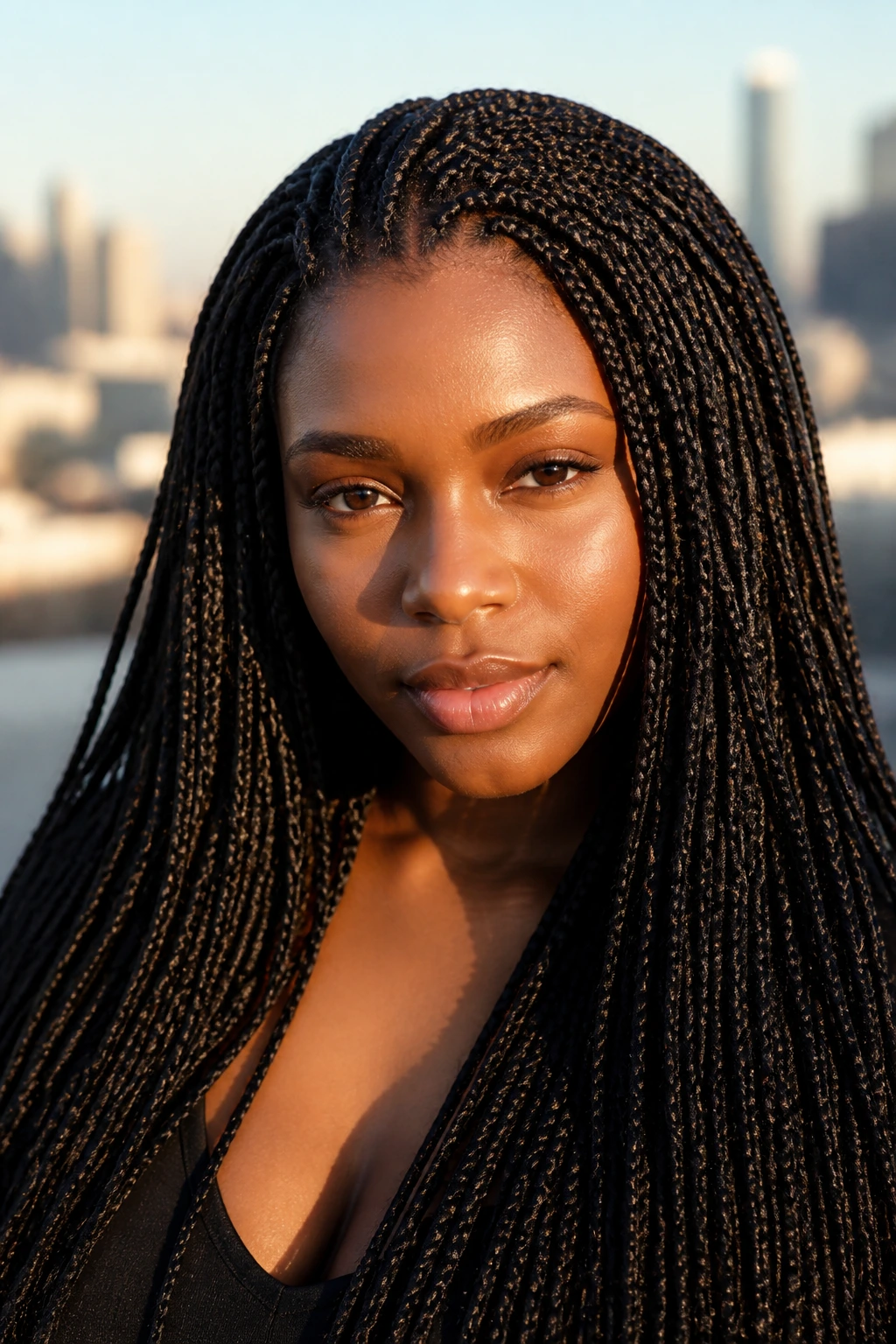Woman with dense micro-box braids on an urban rooftop at golden hour