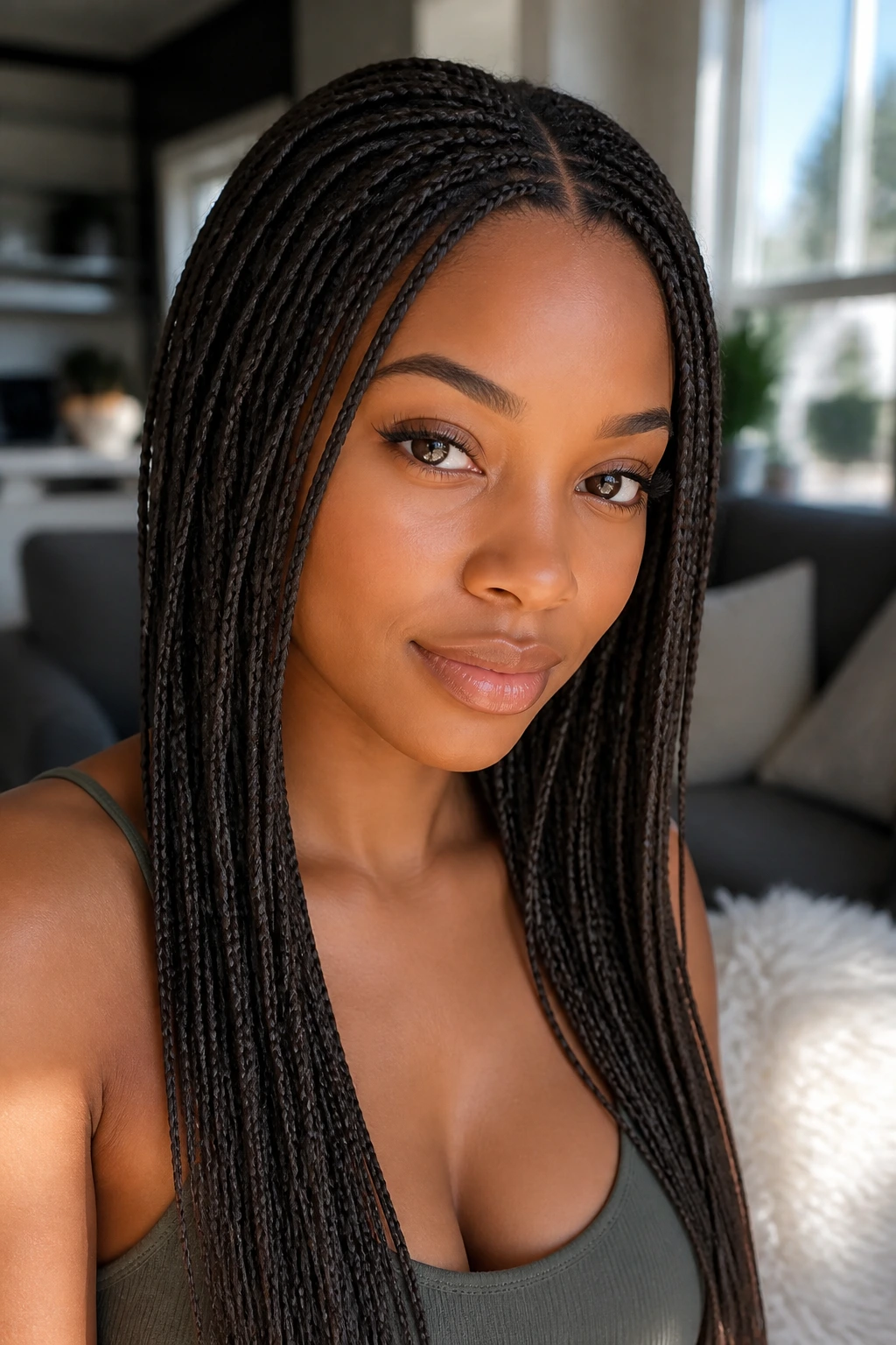 Close-up of a real woman with micro box braids in a home setting