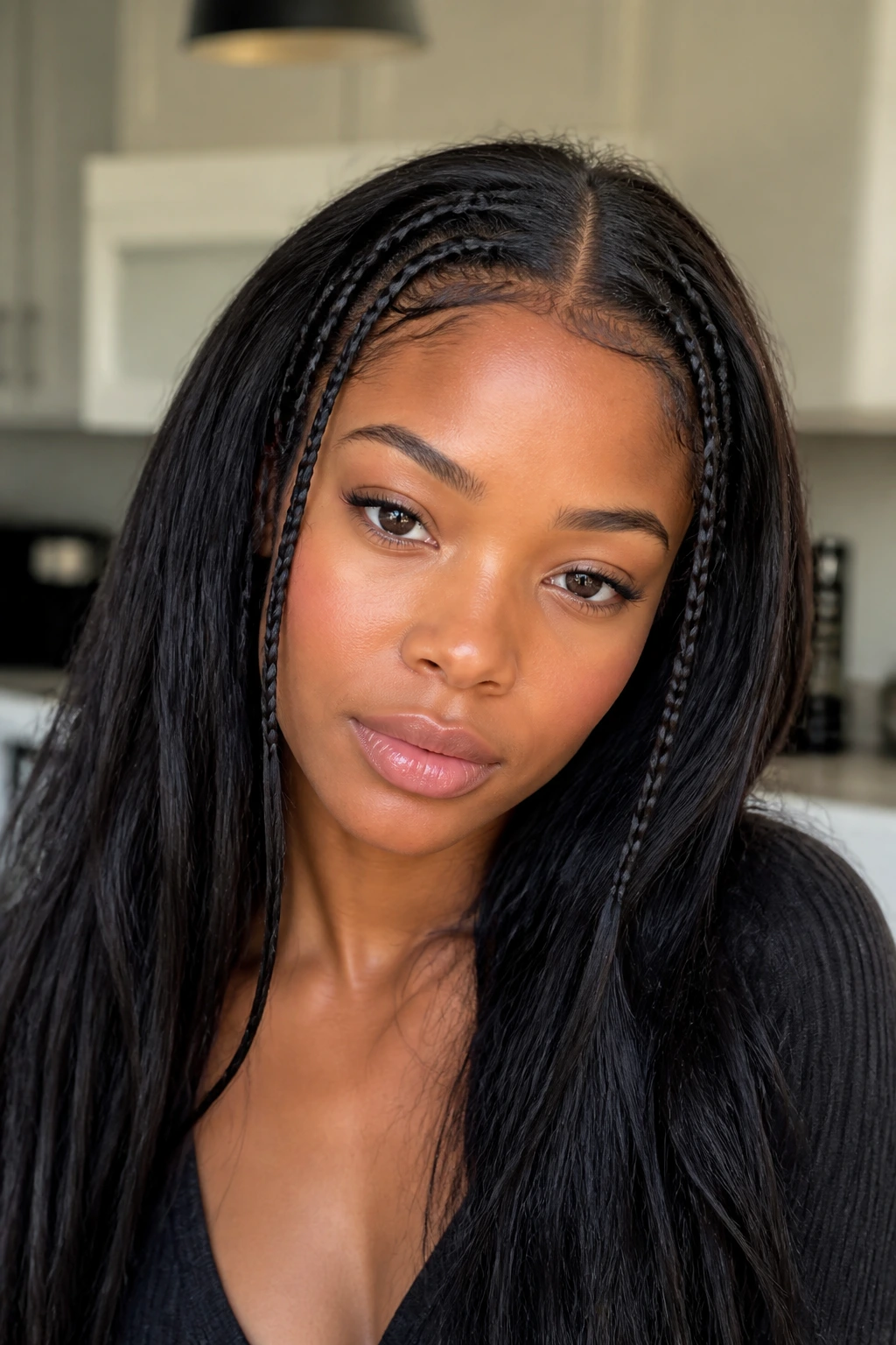 Portrait of a person with micro-braid accents along the front hairline