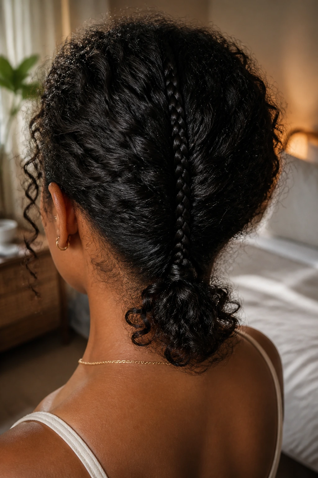 Close-up portrait of a woman with a crown-to-nape micro-braid down the center