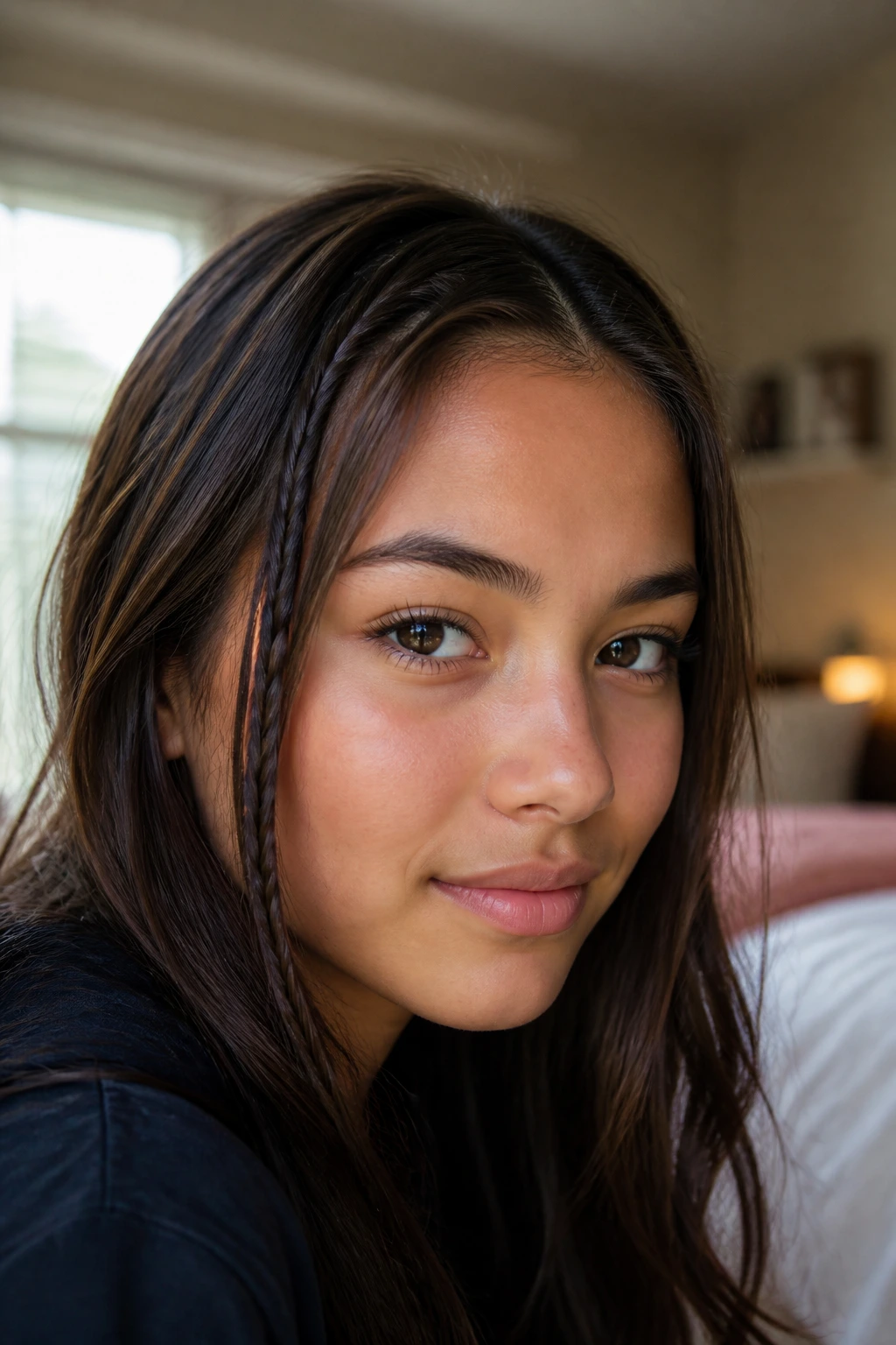 Close-up of a woman with a front micro-braid accent