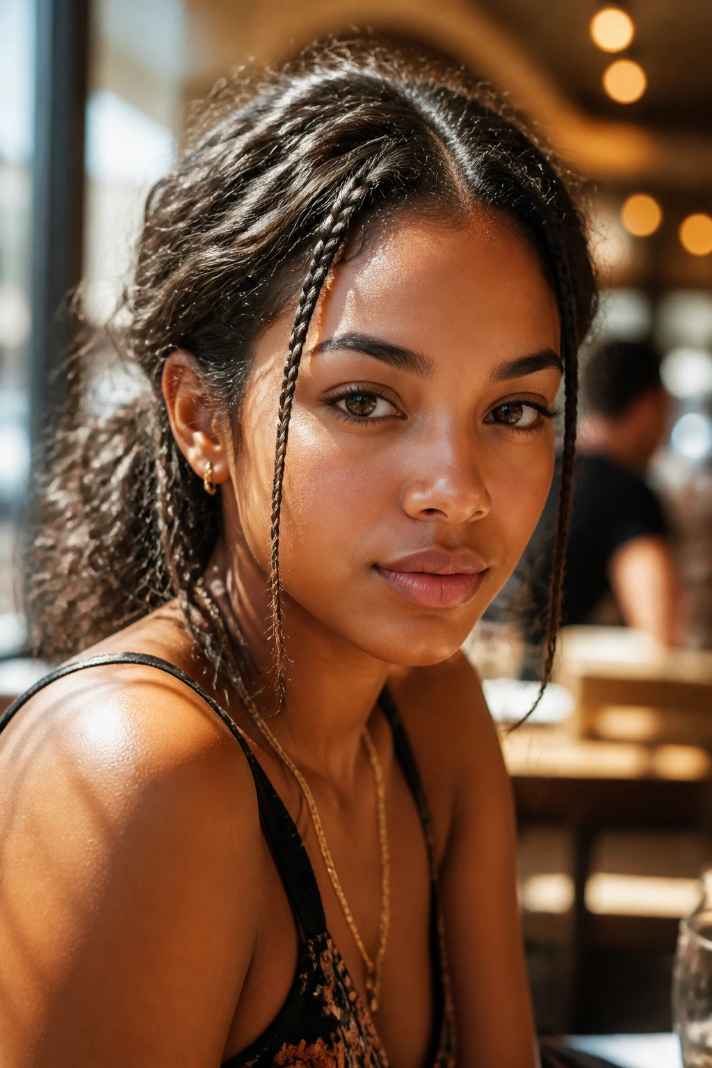 Close-up of a real woman with micro braids near the face in a loose hairstyle