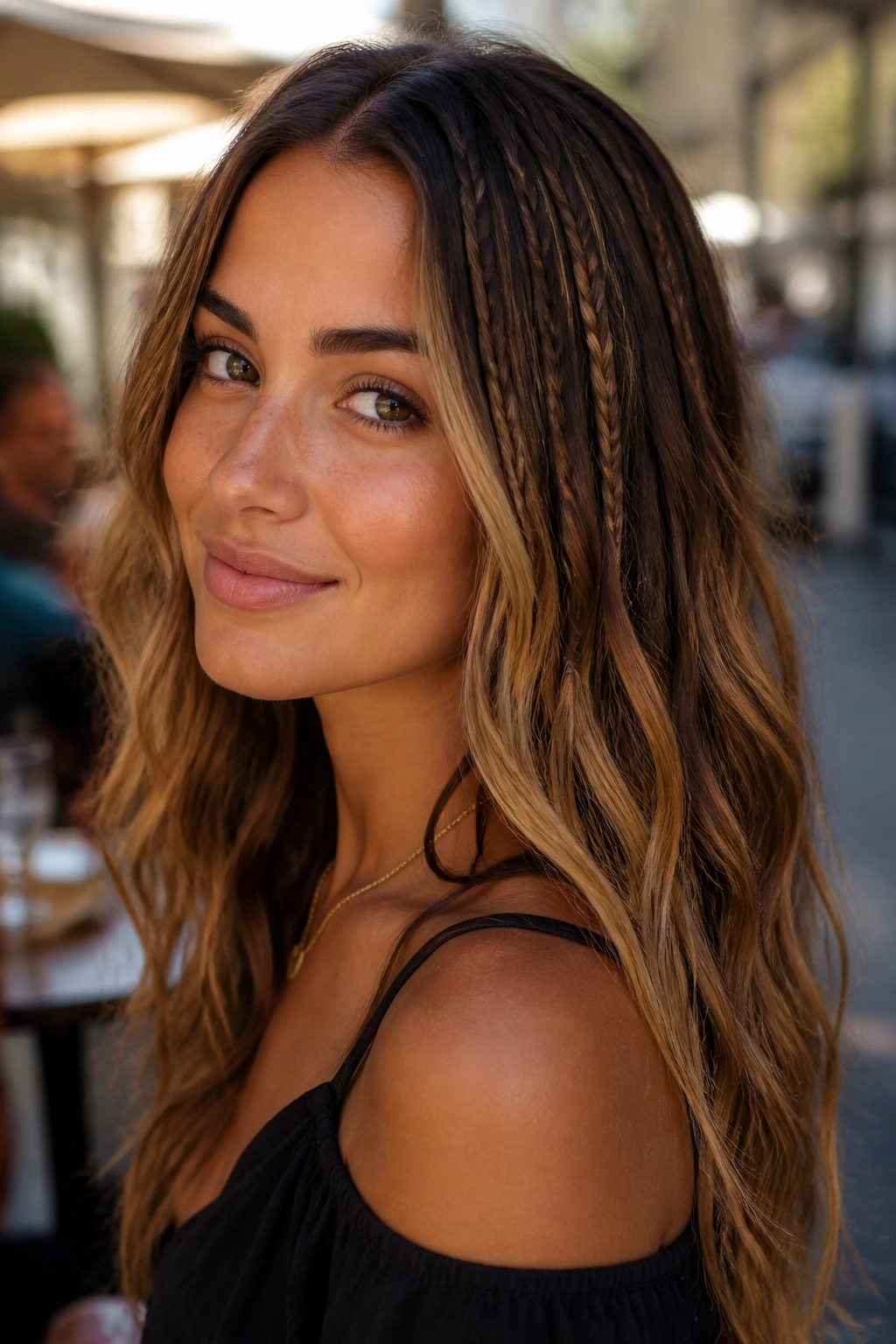 Close-up of a real woman with micro-braid accents in loose waves