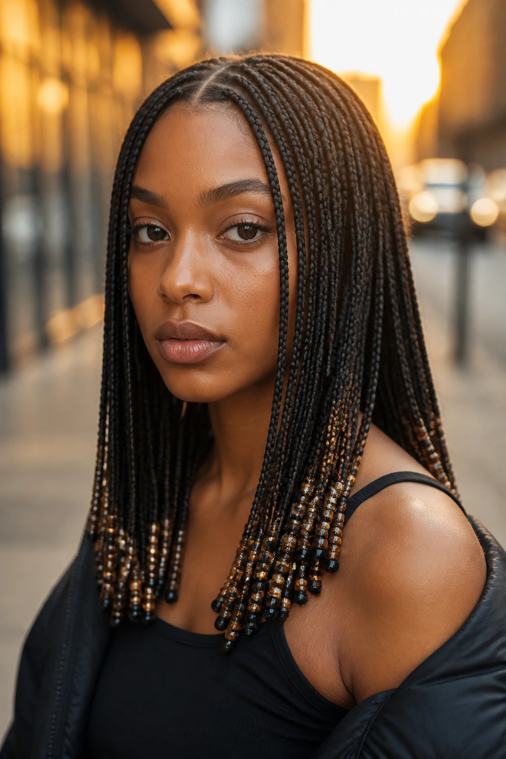 Close-up of a real person with micro-braids and beaded ends.