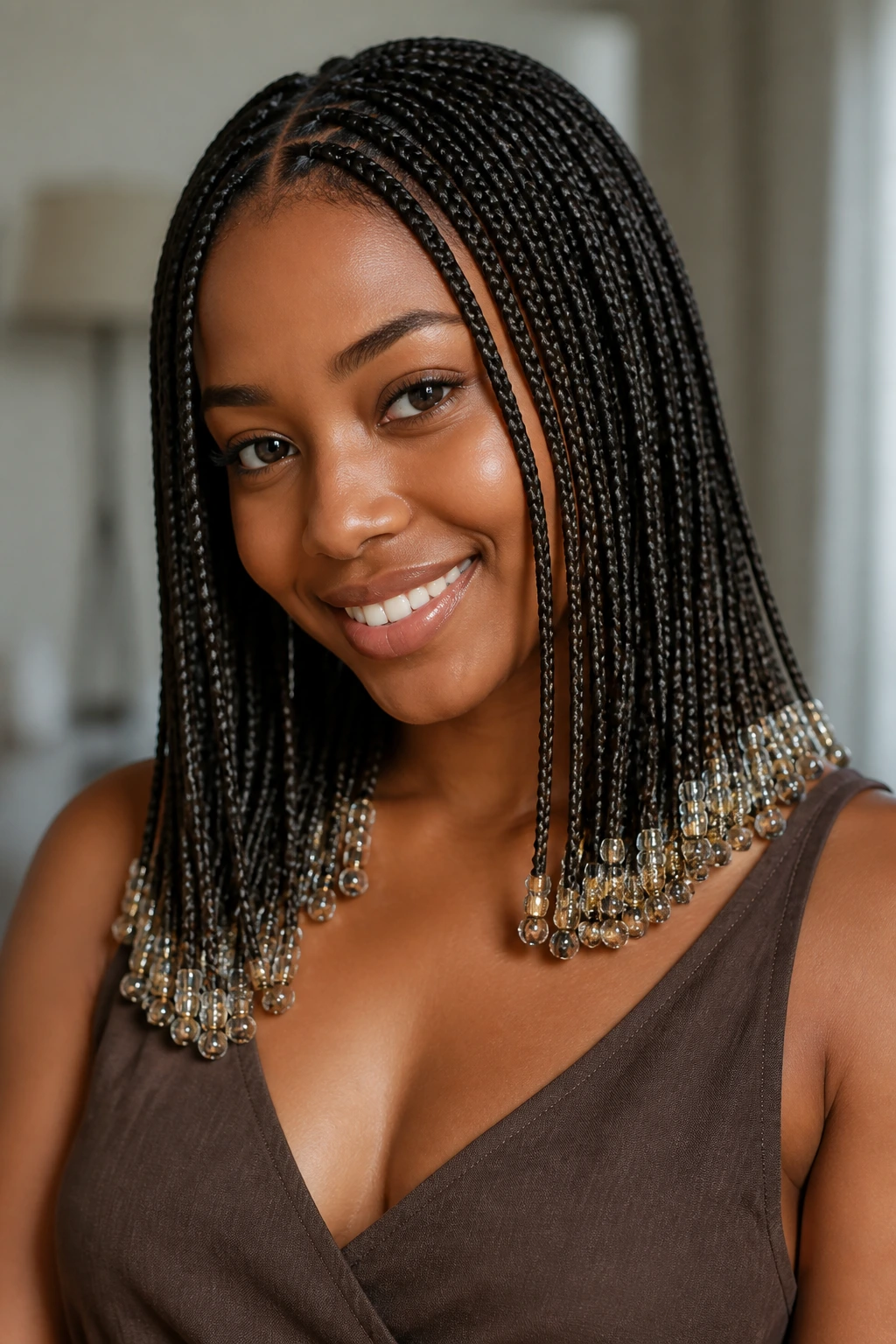 Close-up of micro-braids with beads at the ends on a real person
