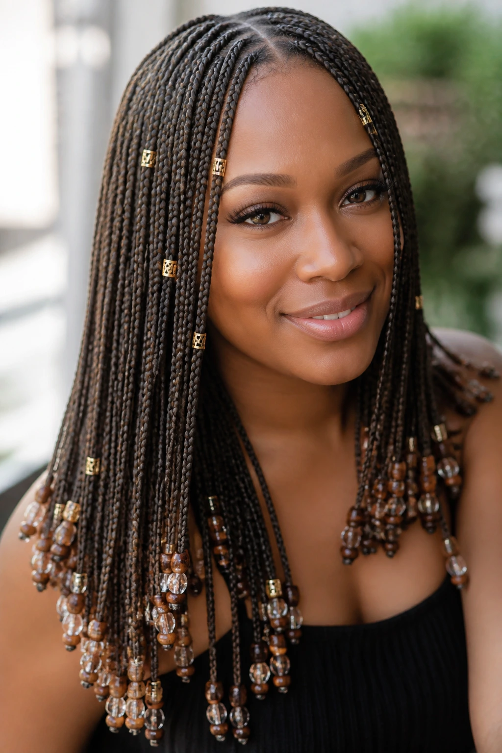 Close-up of real woman with micro-braids beads cuffs in natural light