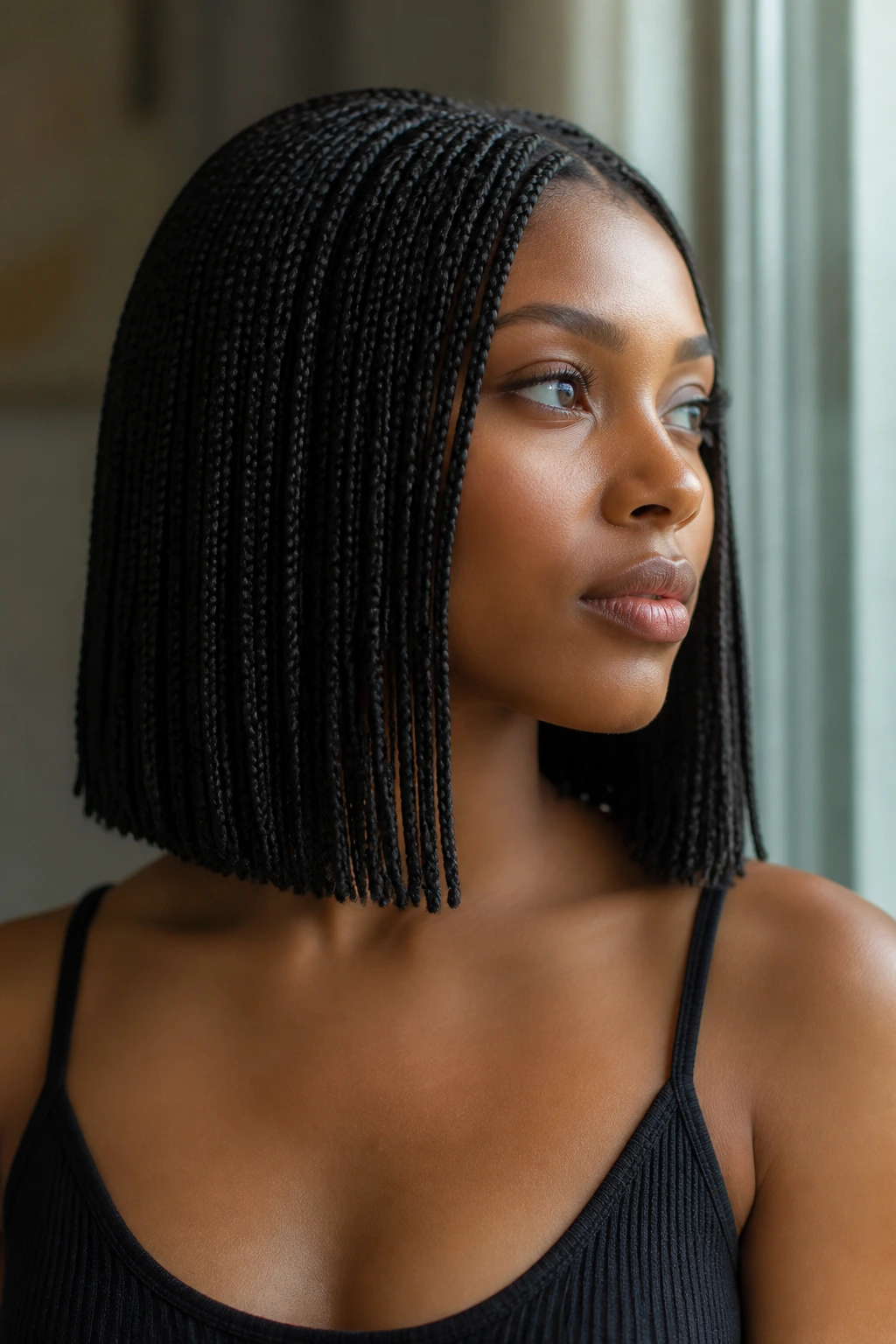 Close-up of a real woman with micro braids forming a blunt shoulder-length bob