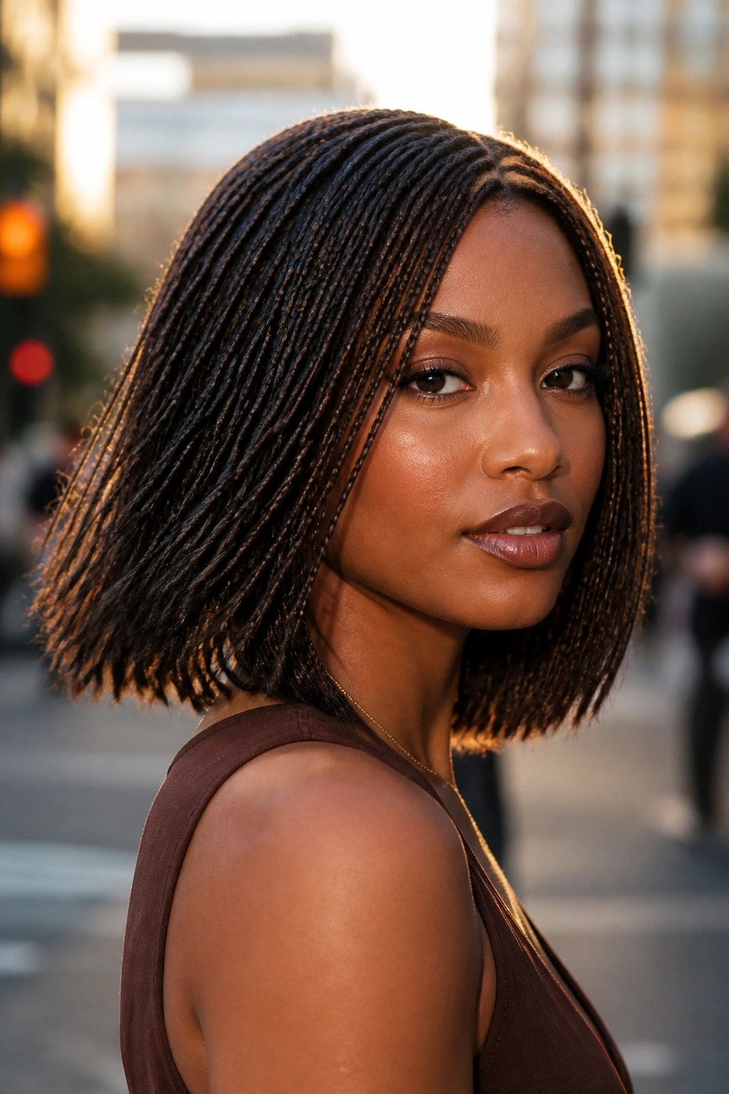 Close-up of real woman with micro braids forming a bob