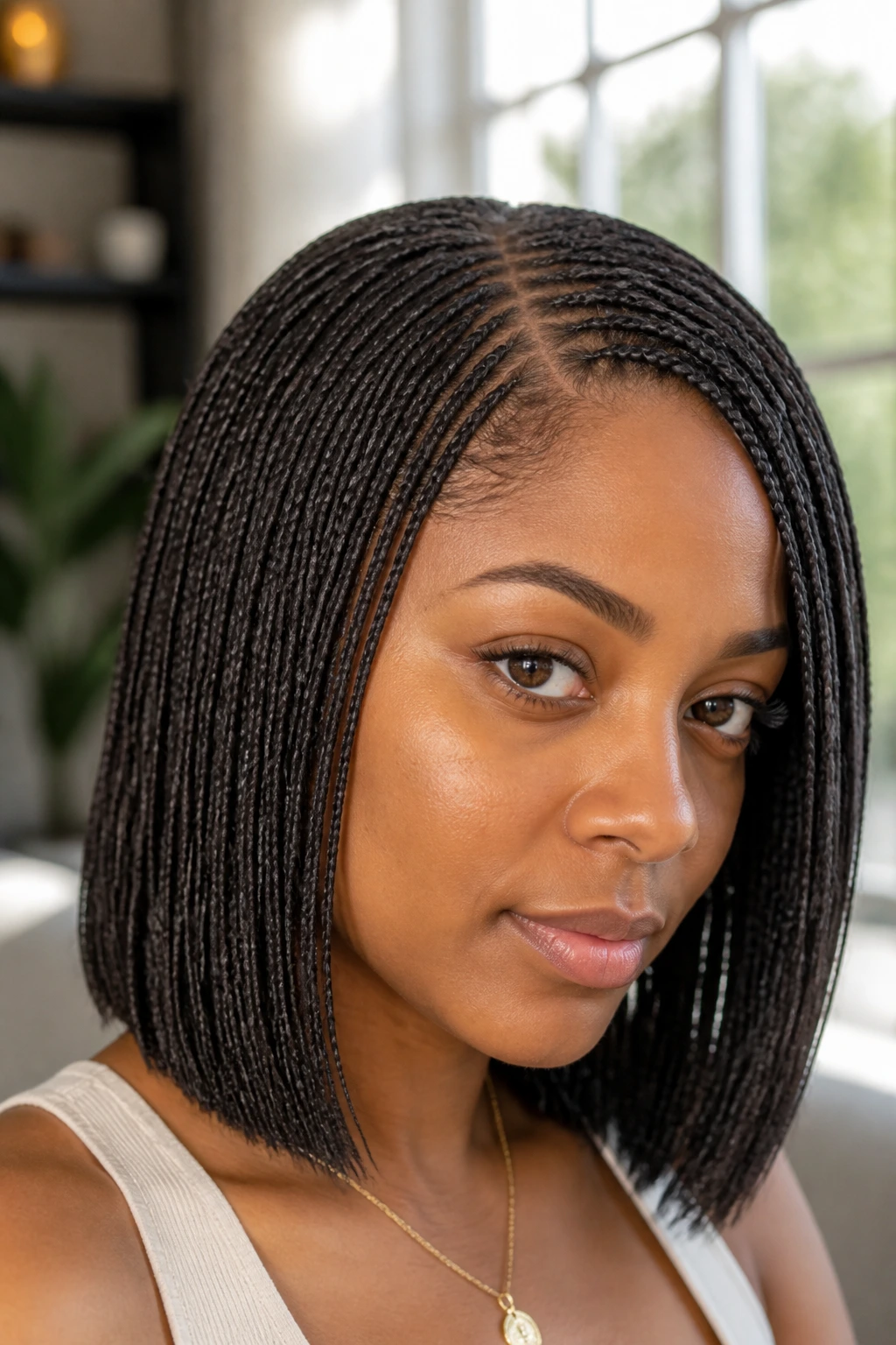 Portrait of a real person with a sleek micro-braid bob showing fine hair strands