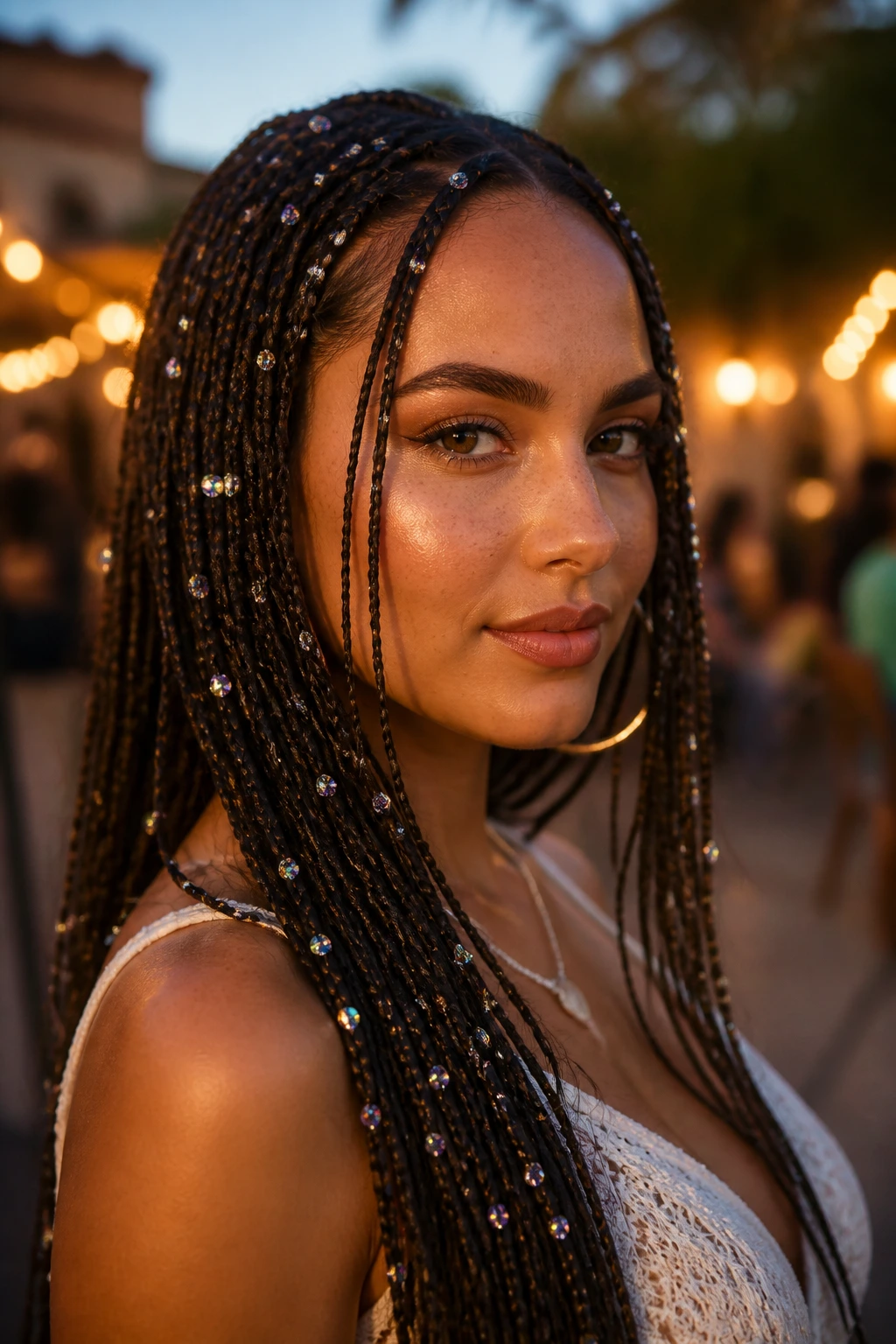 Close-up of micro-braids with crystals at the ends