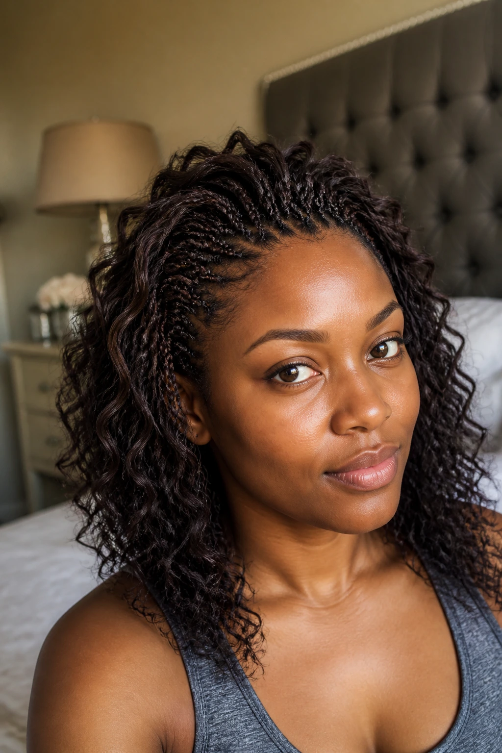 Close-up of micro braids with curled roots on a real woman's head, crown height.