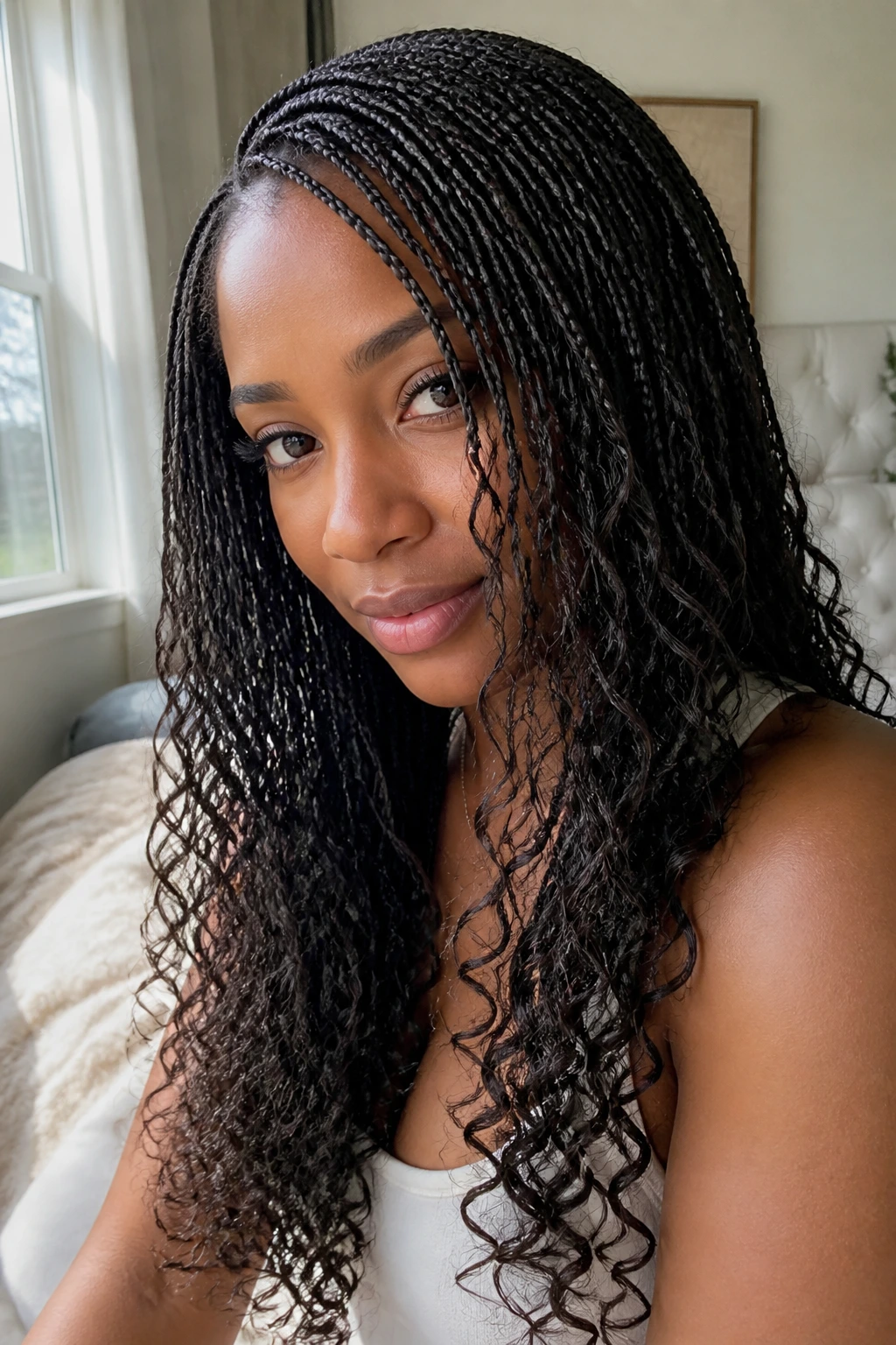 Close-up of micro-braids with curls on a real person in a sunlit bedroom
