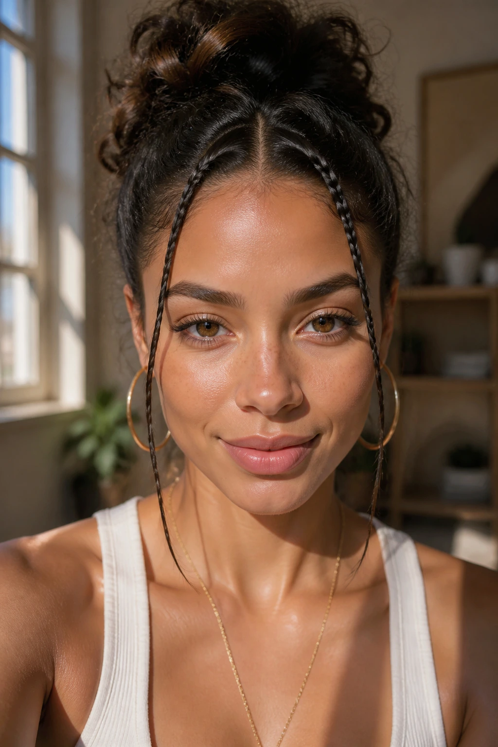 Close-up of a real woman with face-framing micro-braids in warm natural light