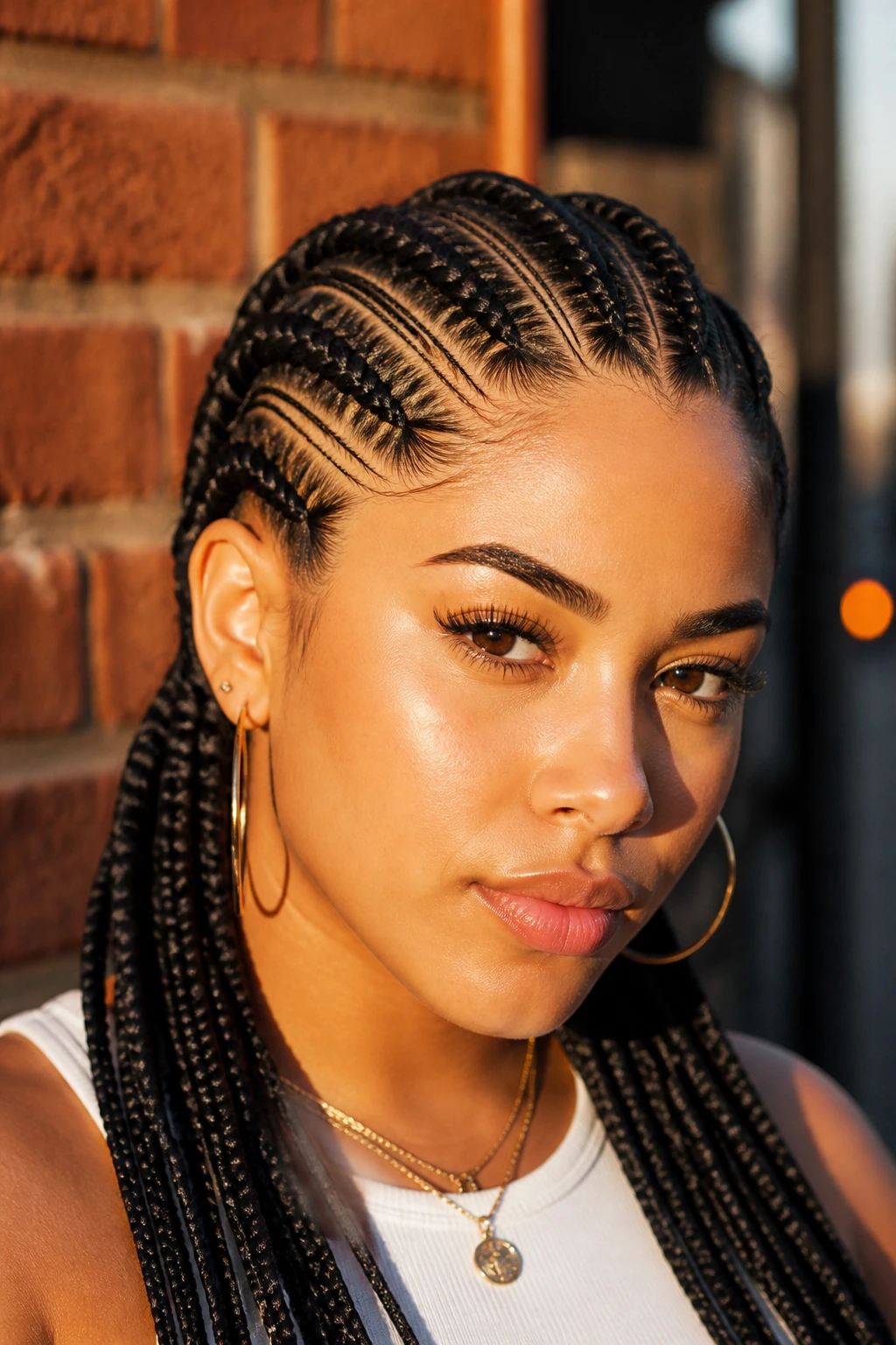 Close-up portrait of a woman with large straight-back braids and micro-braids in an urban street setting.