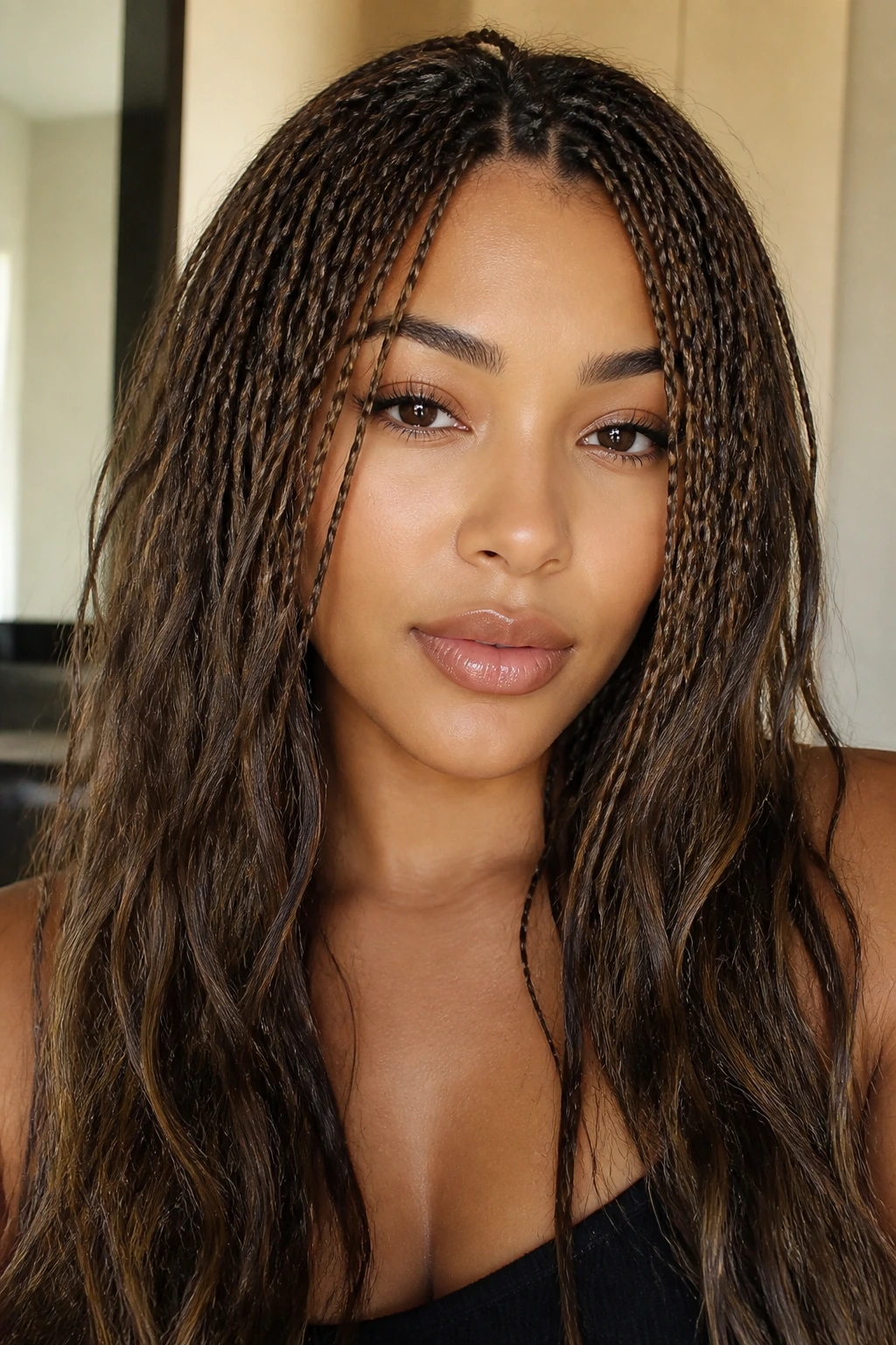 Portrait of a woman with front textured micro-braids