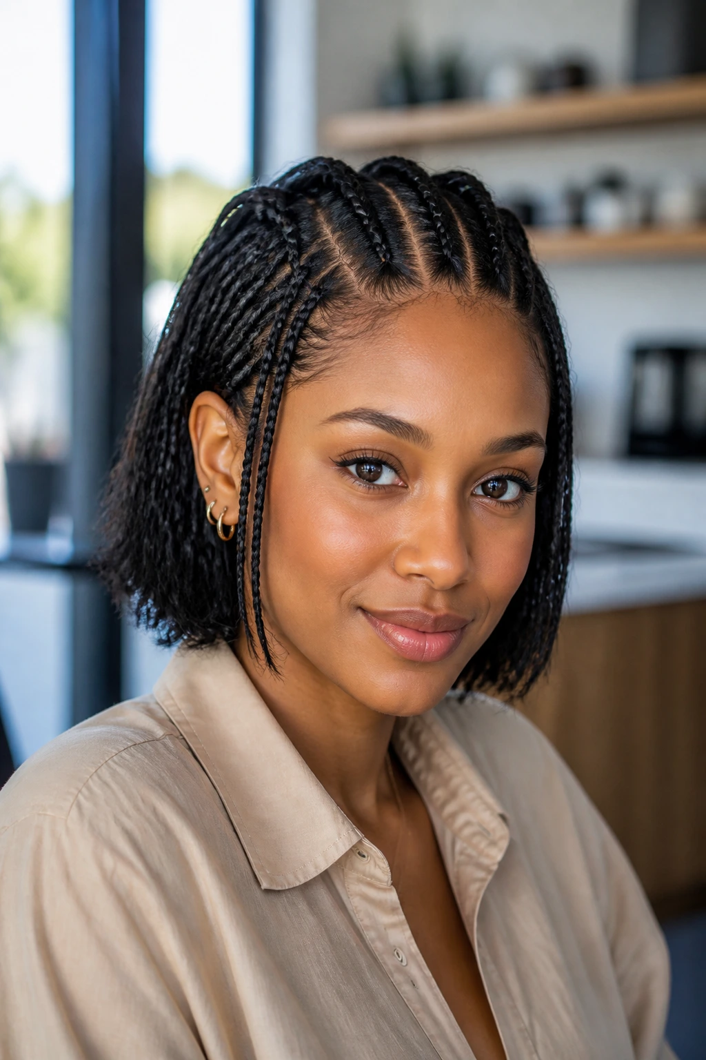 Real person with three micro braids at the front.
