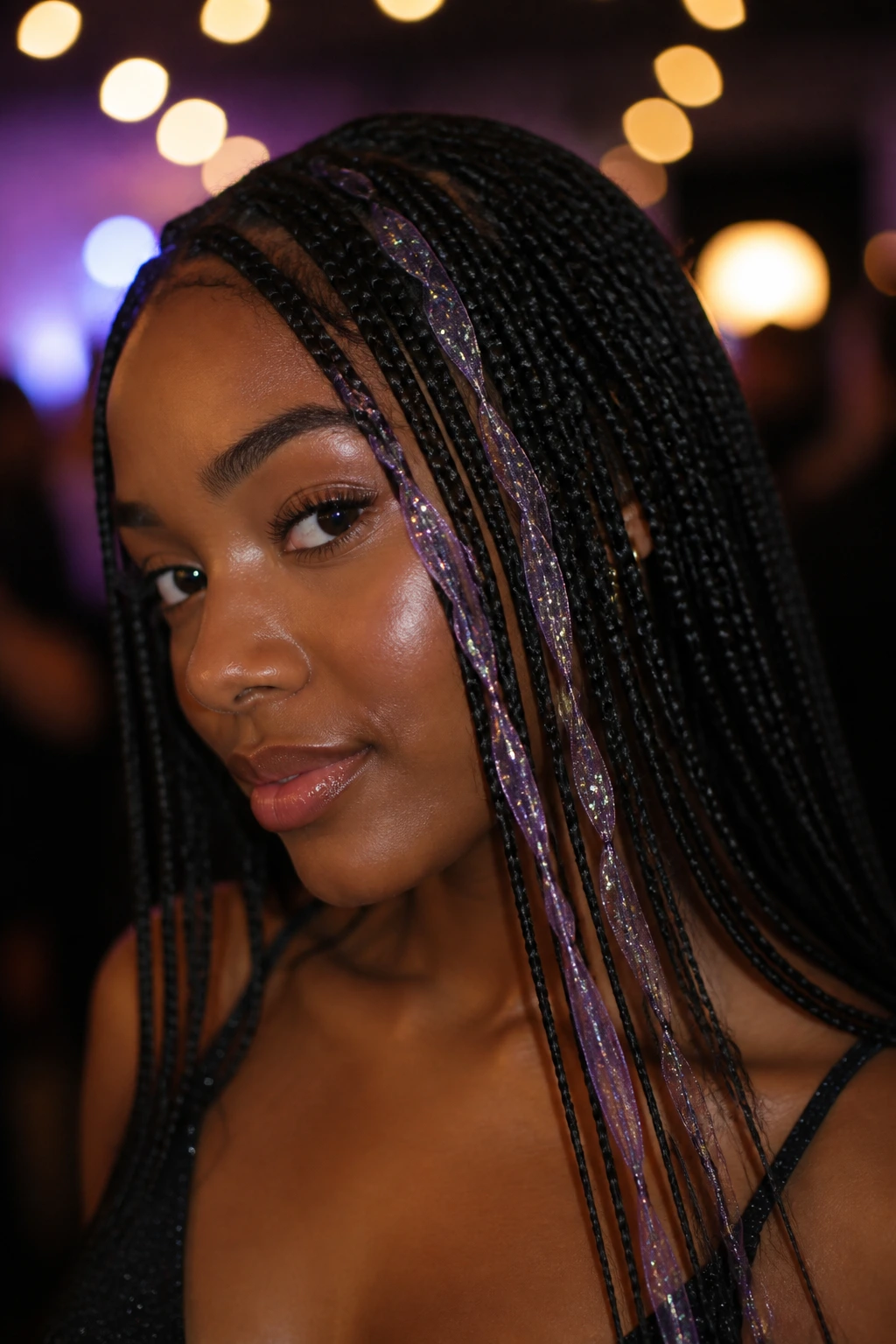 Close-up of micro-braids with glitter organza ribbon at night.