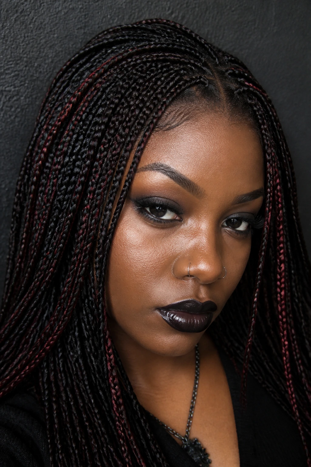 Close-up of a woman with dark-toned micro-braids in a moody room.