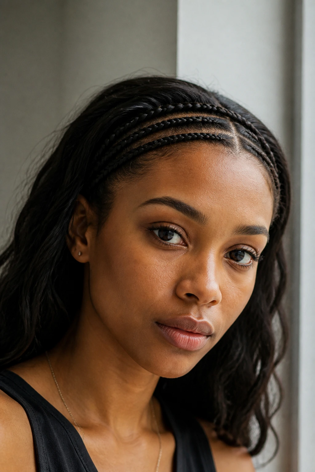 Close-up of a real person with three ultra-thin micro braids across the front hairline