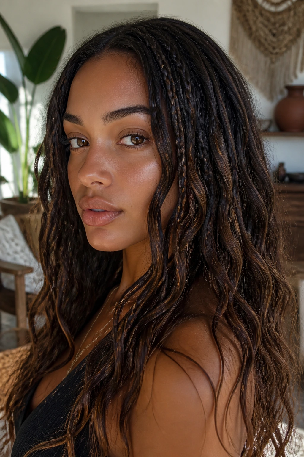 Close-up of a real woman with micro-braids woven into loose waves