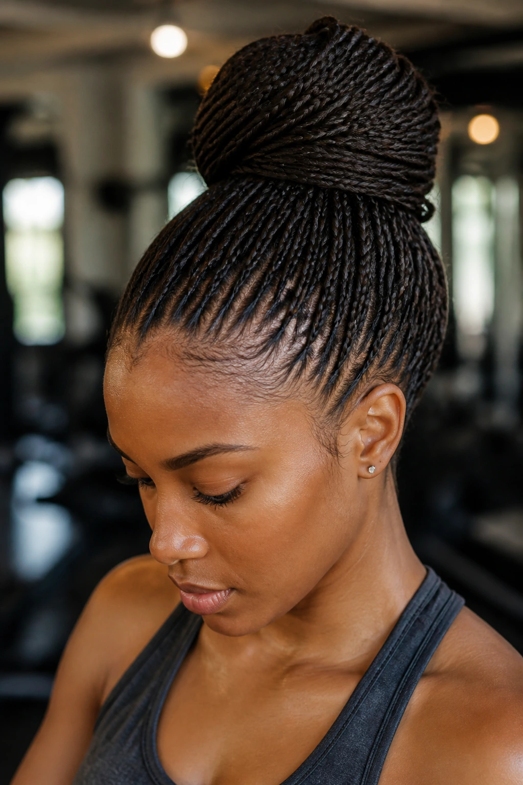 Close-up of micro-braids formed into a high bun on a real person