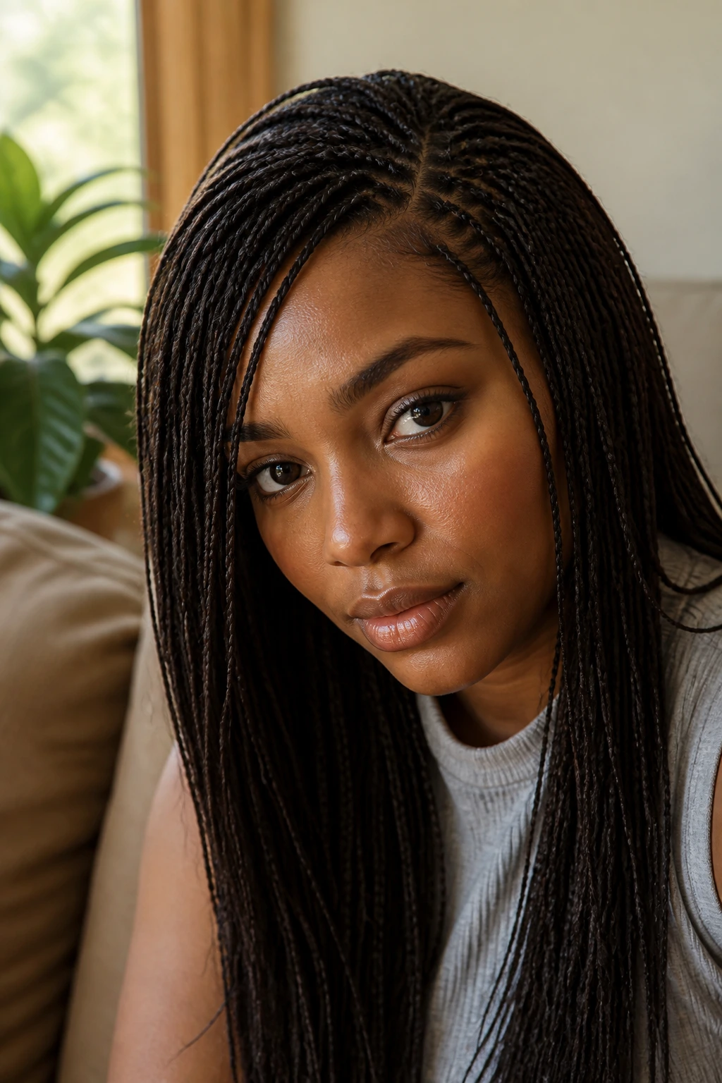 Real woman with micro-braids showing natural texture.