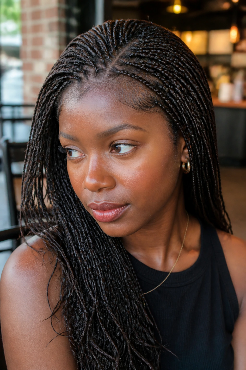 Close-up of micro braids on a real woman's natural textured hair.