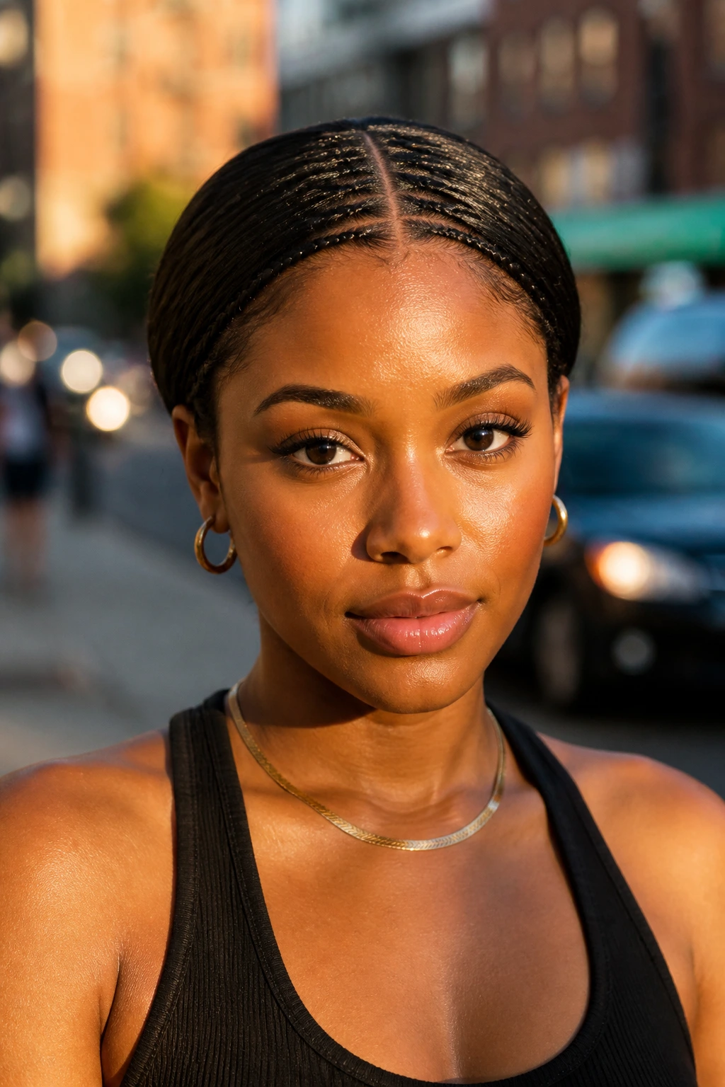Close-up of a real woman with micro-braids along her part outdoors in late afternoon light