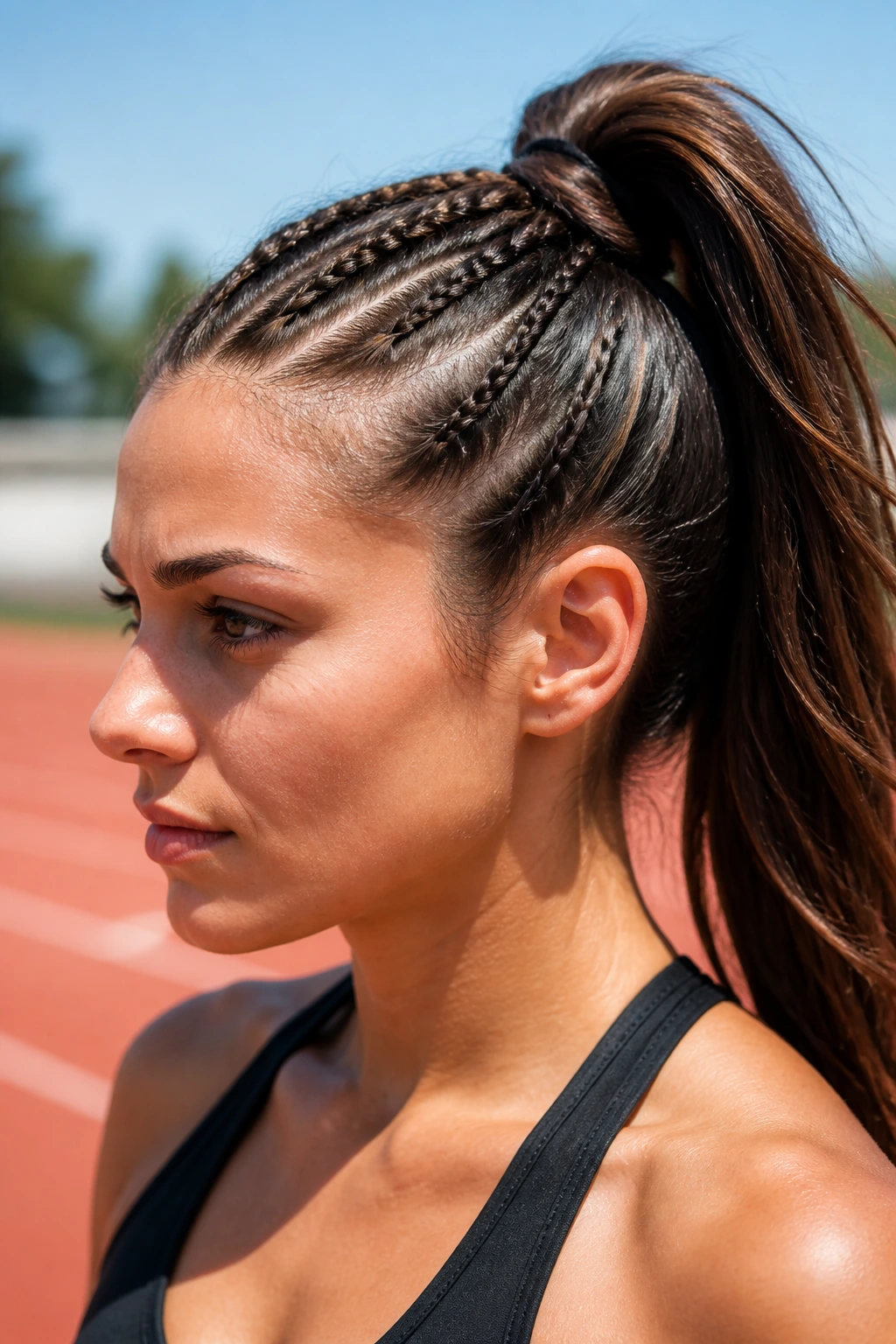 Close-up of a real person with a high ponytail featuring three micro-braids along the crown