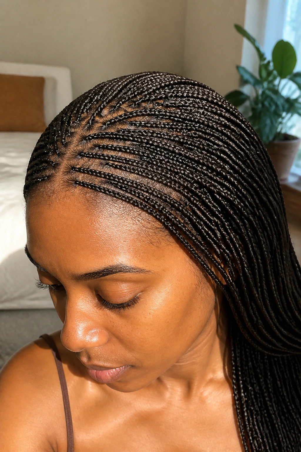 Close-up portrait of micro braids on a real woman in a bedroom