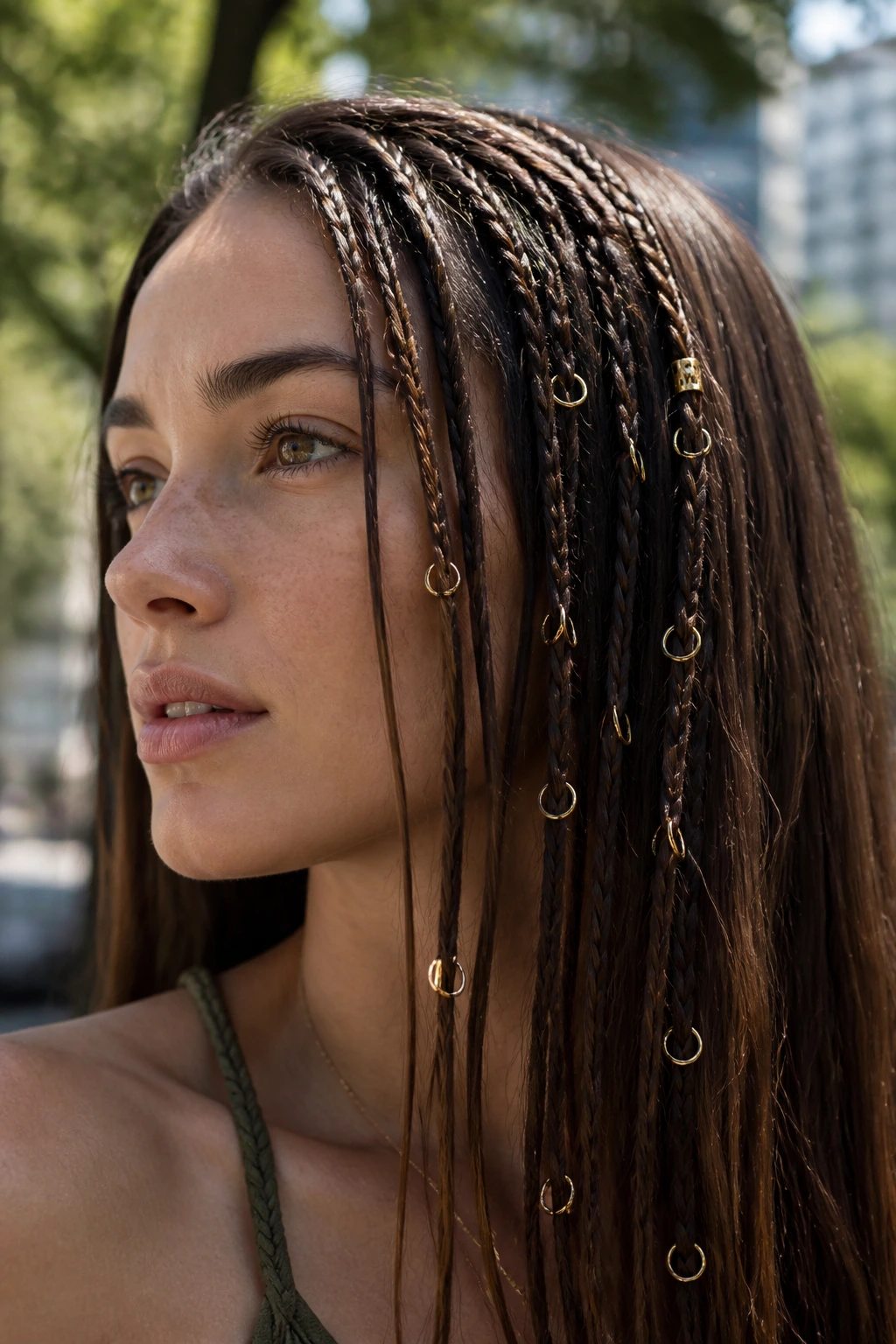 Close-up of real person with micro-braids and small rings threaded through them