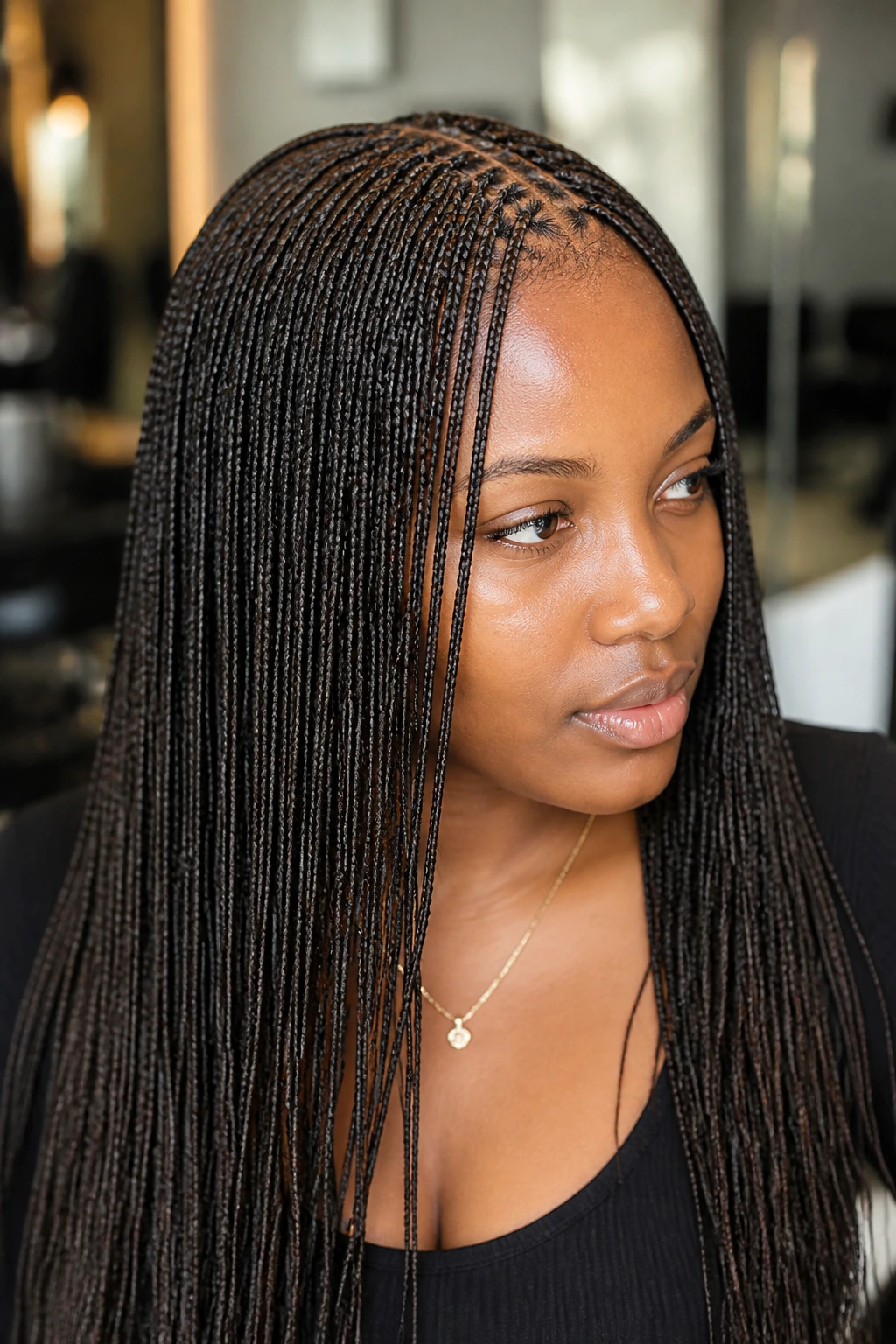 Close-up of a real woman with micro-braids in a sunlit salon
