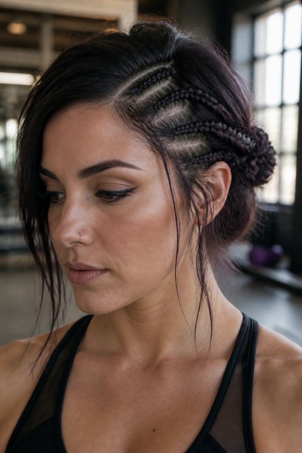 Close-up of a real person with webbed side-part micro braids pinned back during a workout