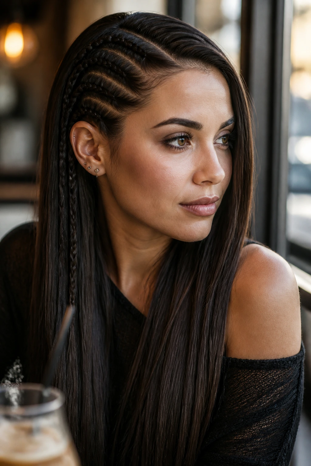 Close-up of a real woman with micro-braids on one side