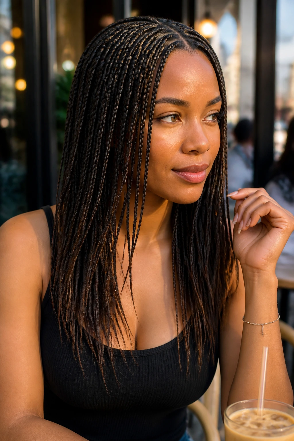 Micro braids with tapered ends on real woman, street cafe backdrop