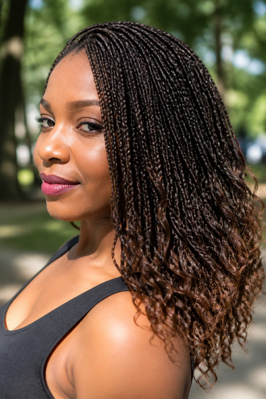 Close-up of a woman with micro braids and textured tips in natural light.